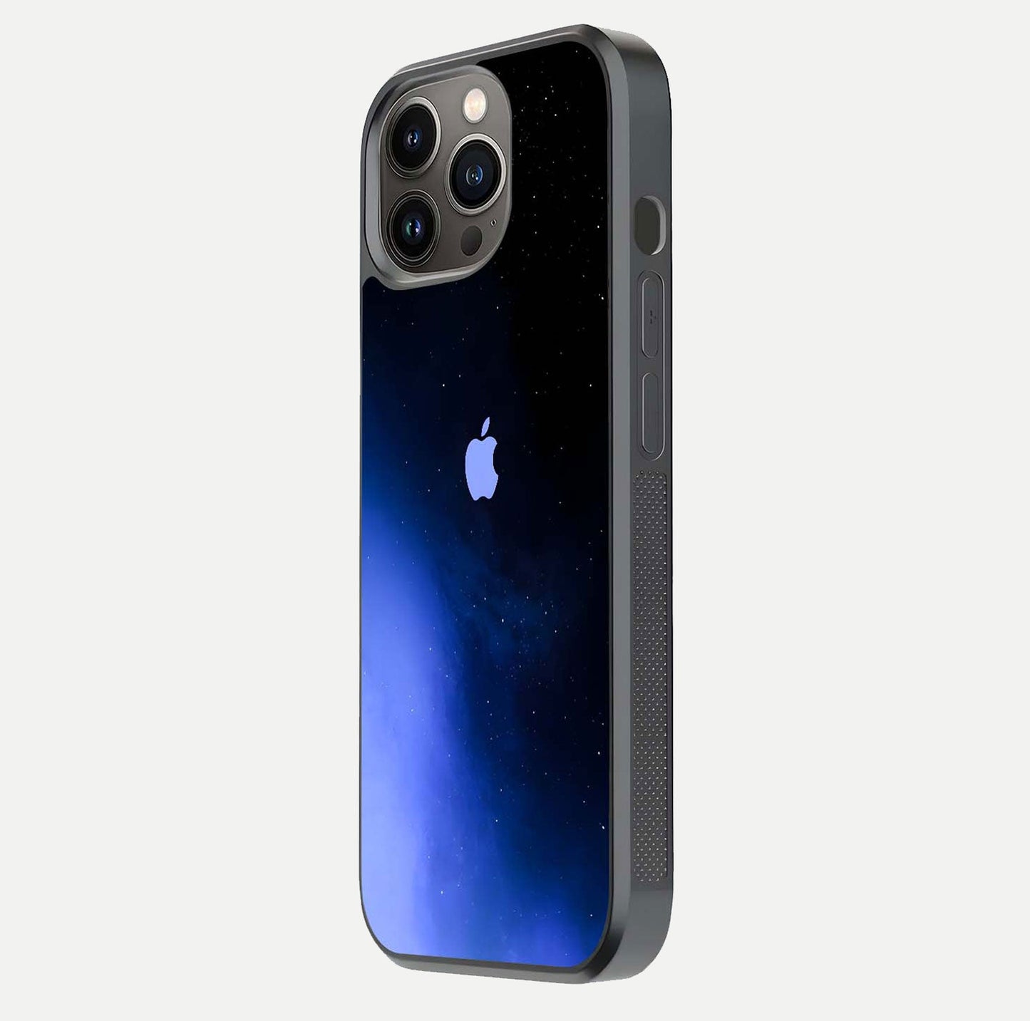 Cosmic Blue Apple Glass Case for iPhone 13 Pro side-angle image showing curve polish and star detail