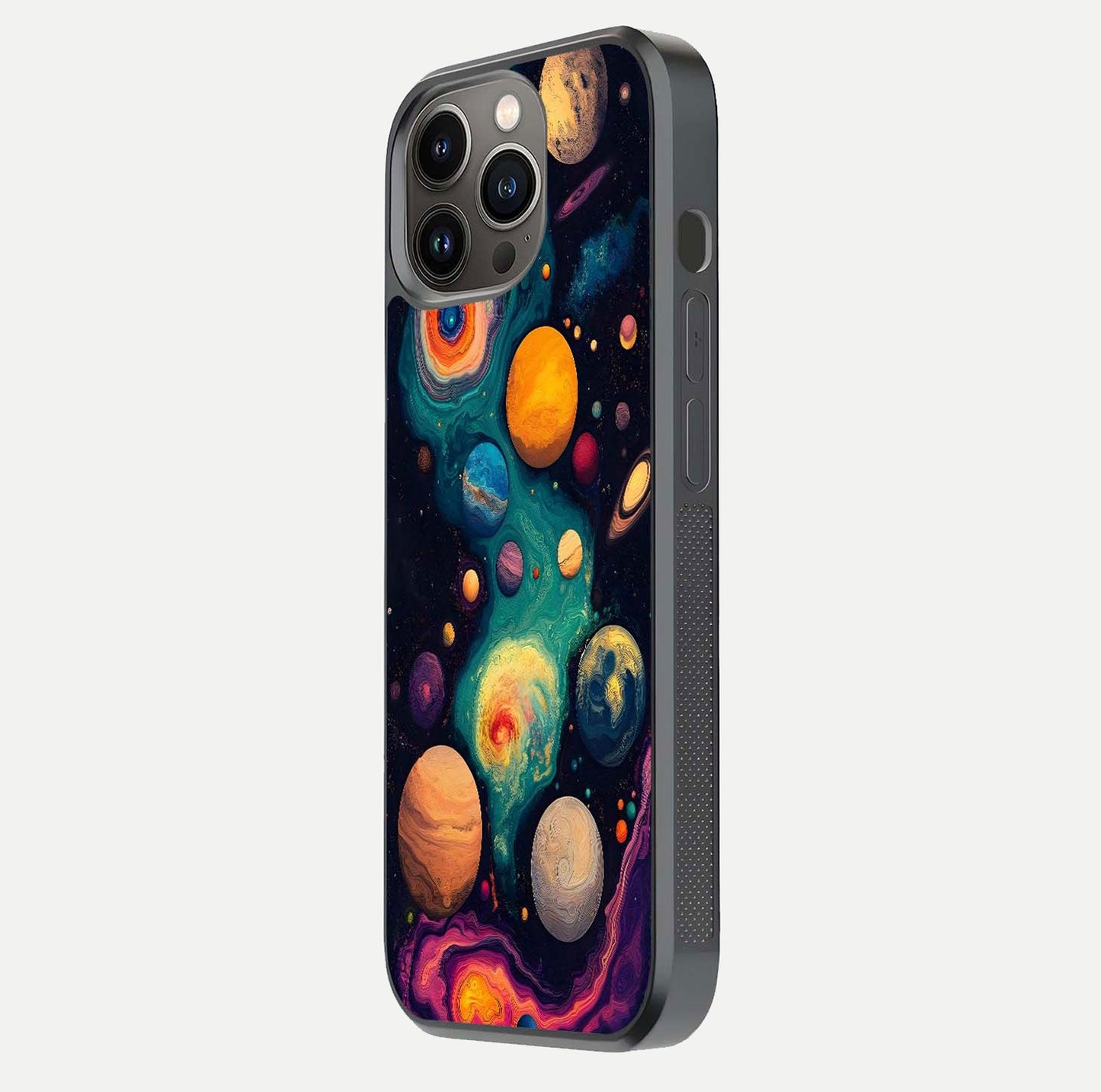 Cosmic Planet Journey Glass Case for iPhone 13 Pro side-angle image capturing smooth gloss and reflective edges