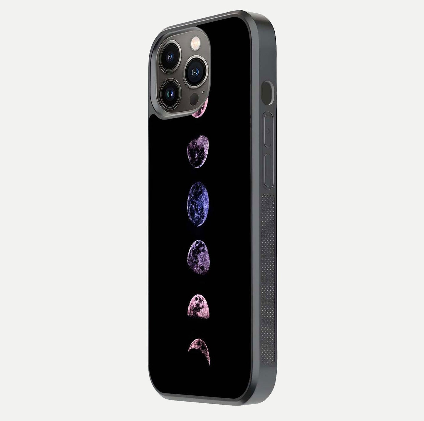 Crimson All Planets Glass Case for iPhone 13 Pro side-angle photo capturing edge glow and glass reflection