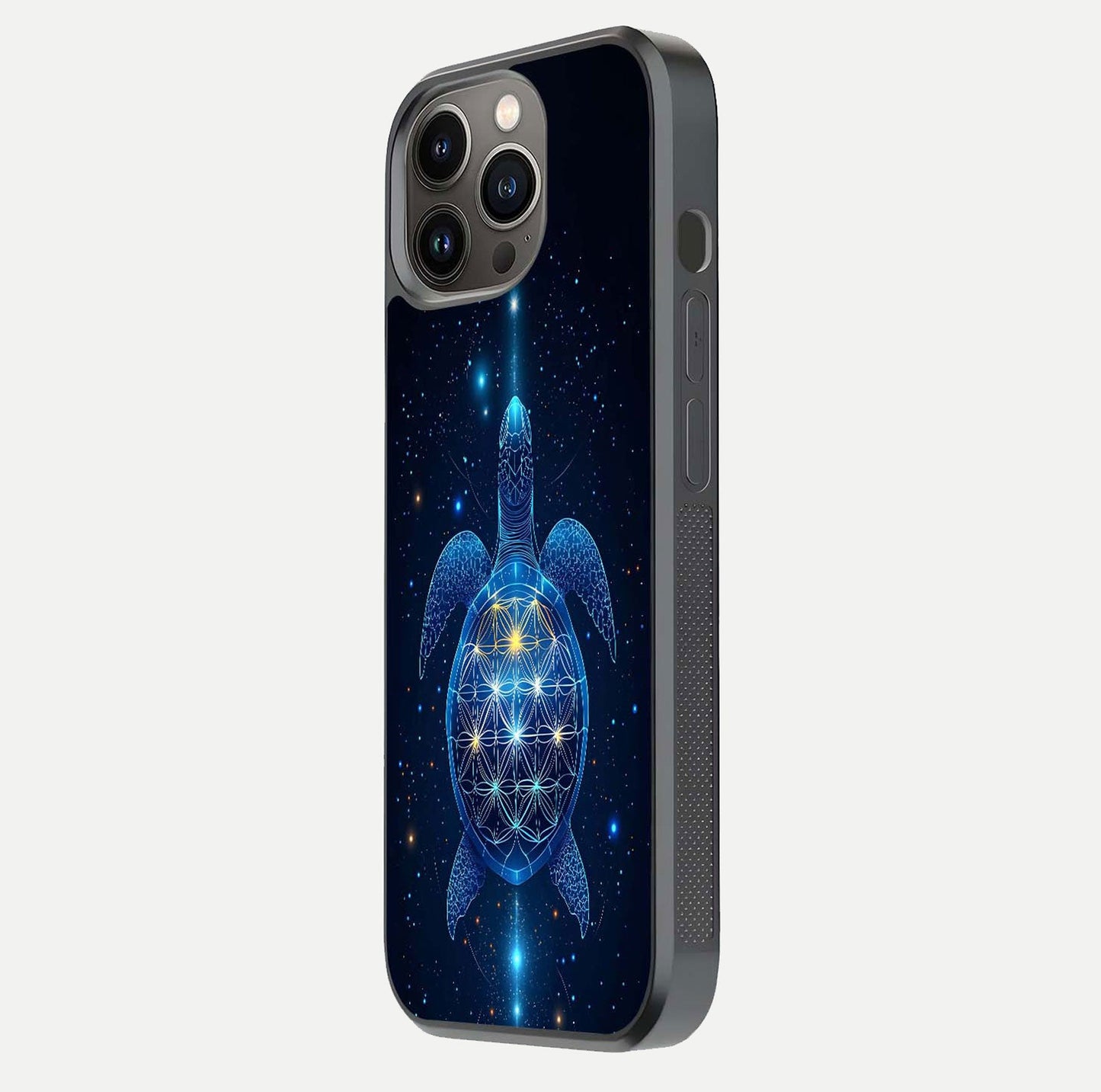 Crimson Blue Turtle Glass Case for iPhone 13 Pro side-angle photo showing curved edge and glass gloss