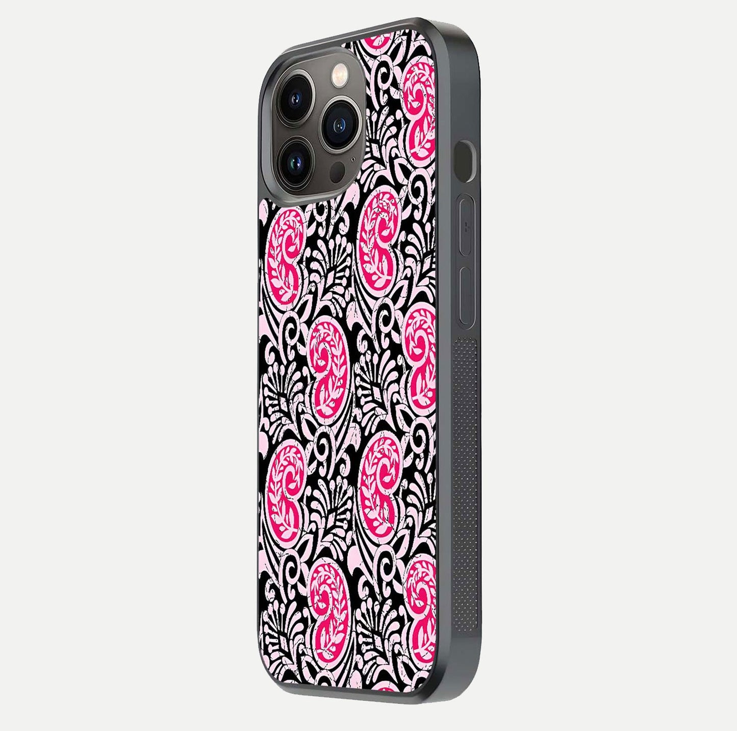 Crimson Paisley Charm Glass Case for iPhone 13 Pro side-angle image showing reflection and smooth edges