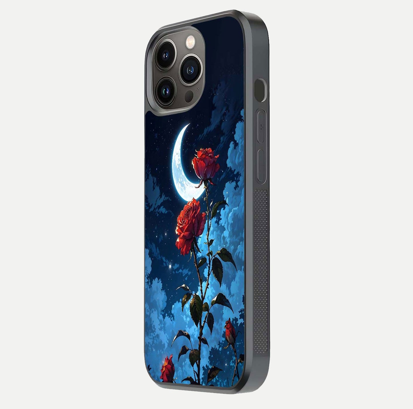 Crimson Rose Moon Glass Case for iPhone 13 Pro side-angle photo showing reflective texture and smooth curve