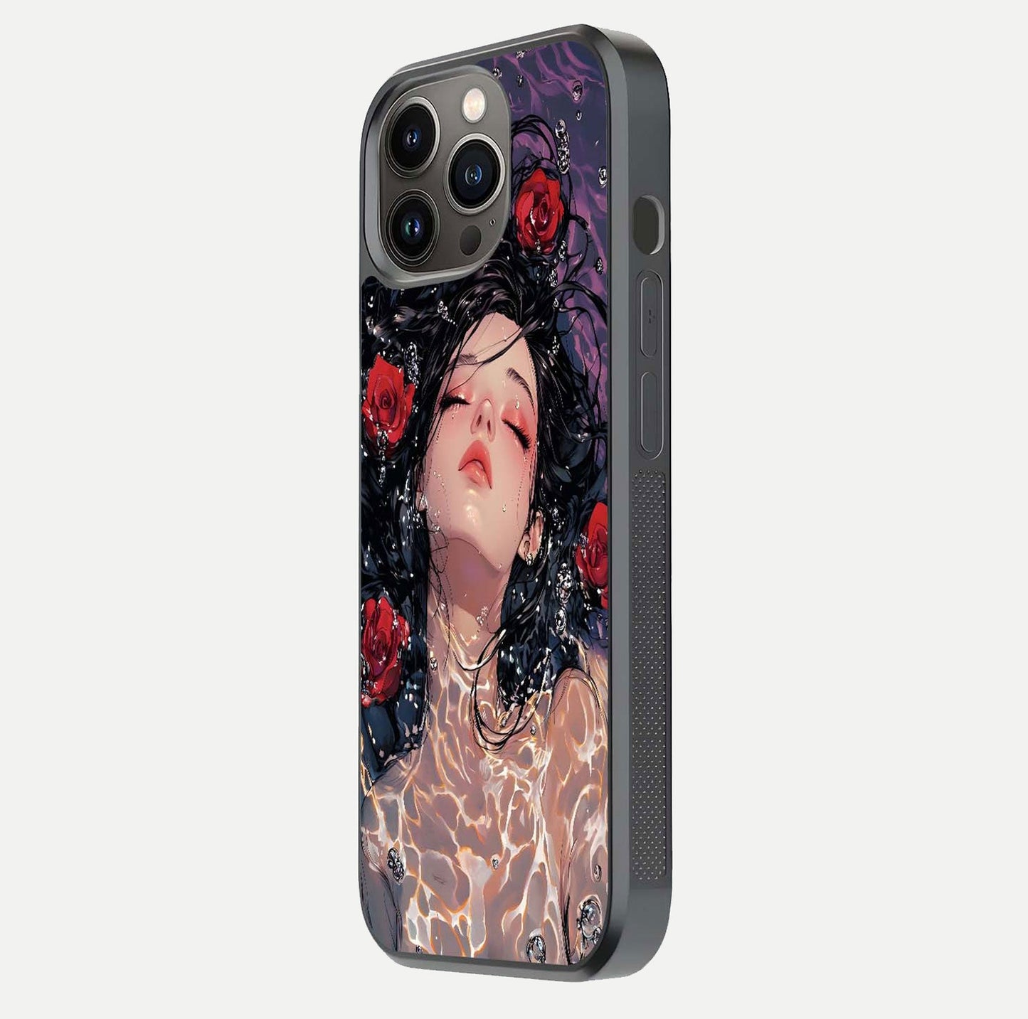 Crimson Rose Serenity Glass Case for iPhone 13 Pro side-angle photo showing glass reflection and soft edges