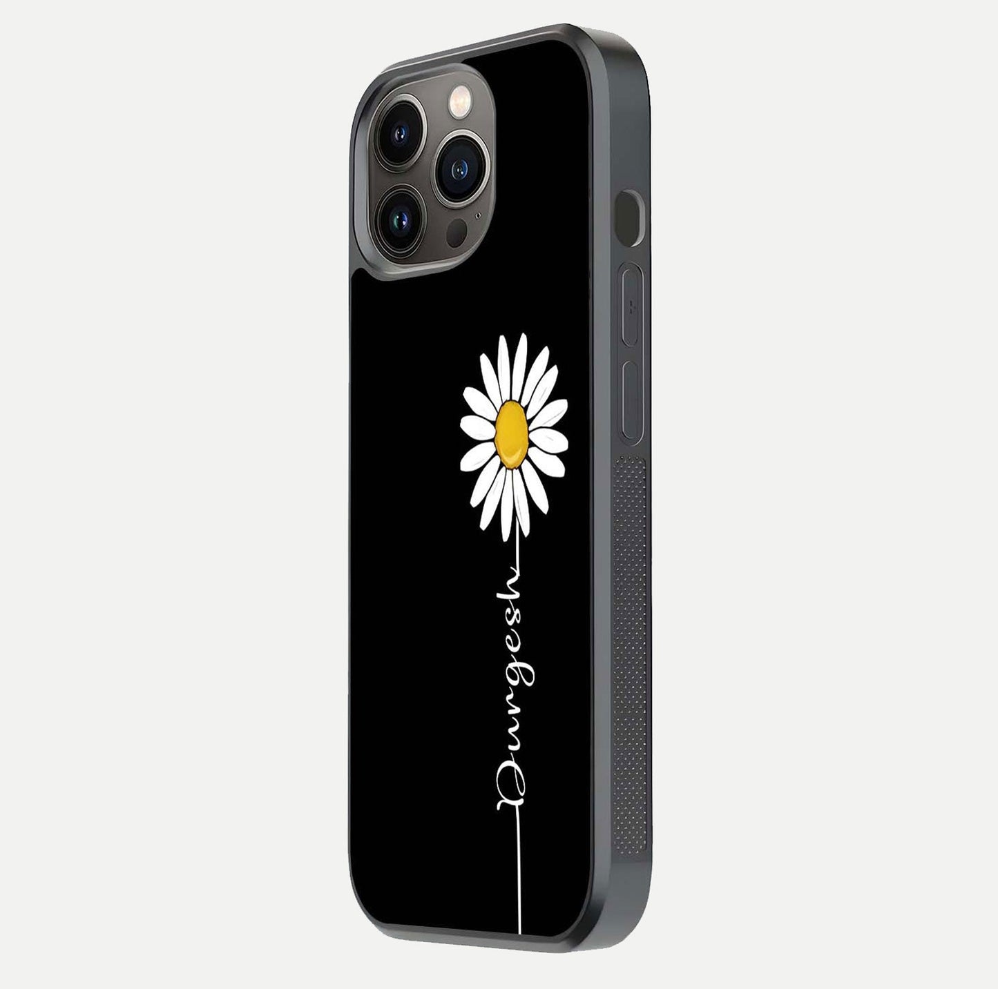 Custom Name White Flower Glass Case for iPhone 13 Pro side-angle photo showing reflection shine and name clarity