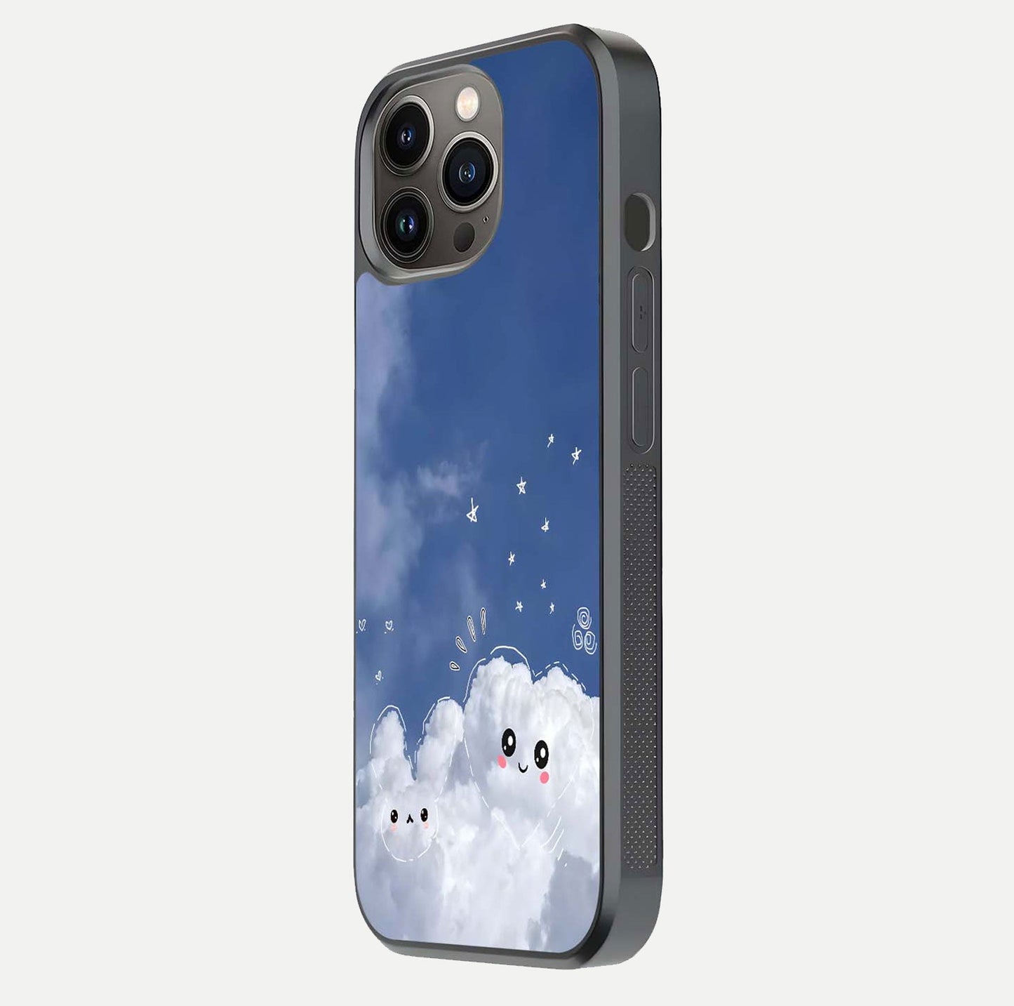 Cute Blossom Cloud Glass Case for iPhone 13 Pro side-angle image capturing gloss texture and curve reflection
