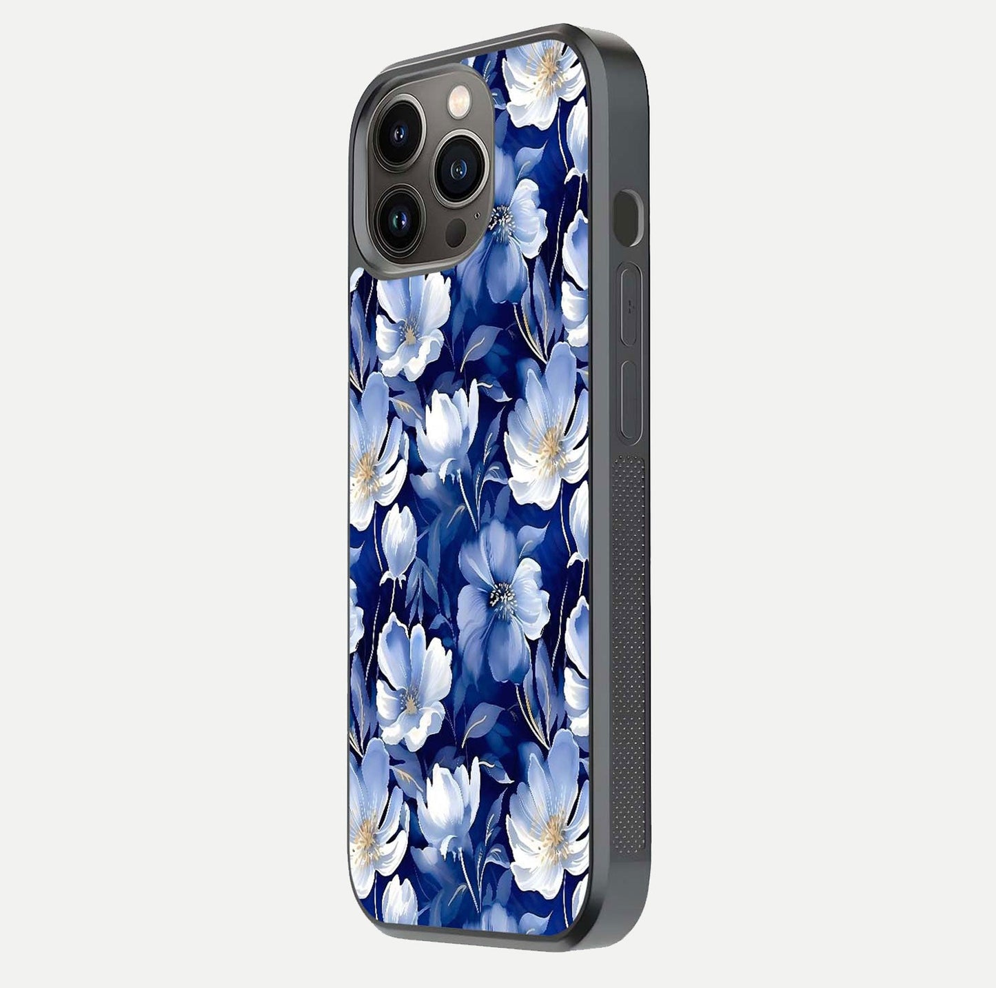 Cute Floral Patterns Glass Case for iPhone 13 Pro side-angle image showing polished surface and gloss tone