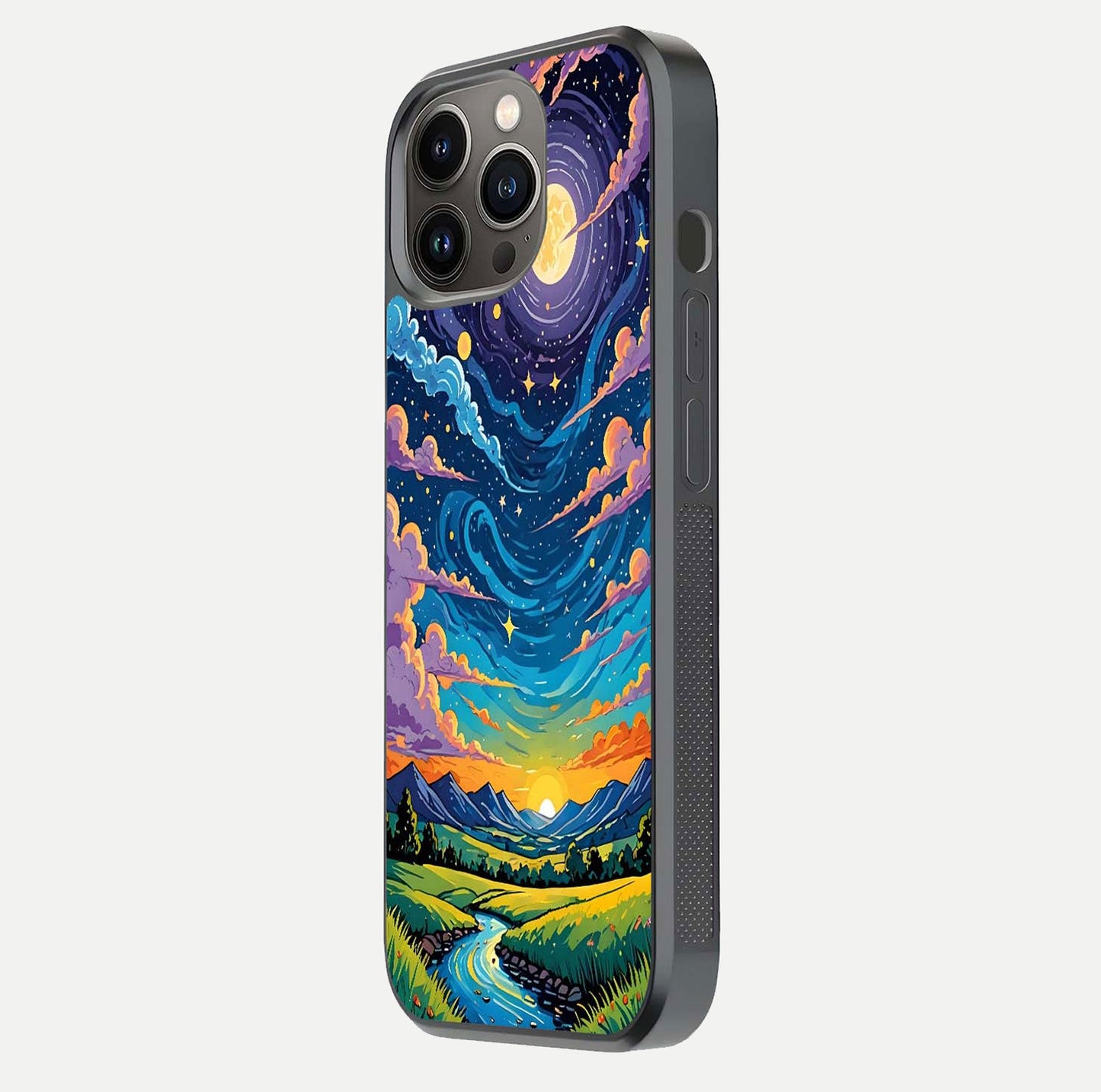 Dreamy Night Landscape Glass Case for iPhone 13 Pro side-angle photo capturing reflection glow and edge detail