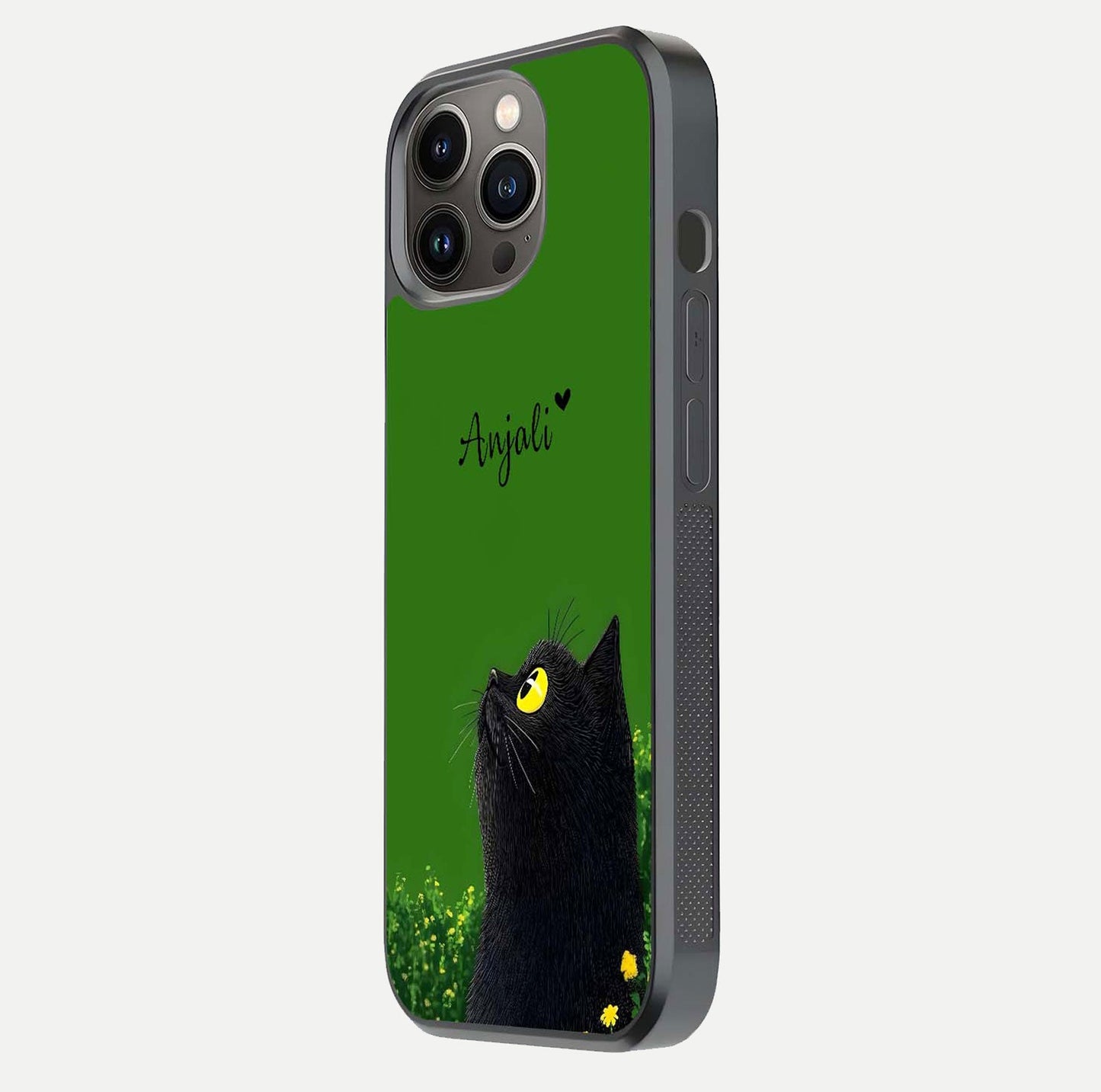 Emerald Cat Custom Name Glass Case for iPhone 13 Pro side-angle photo showing name clarity and glass reflection