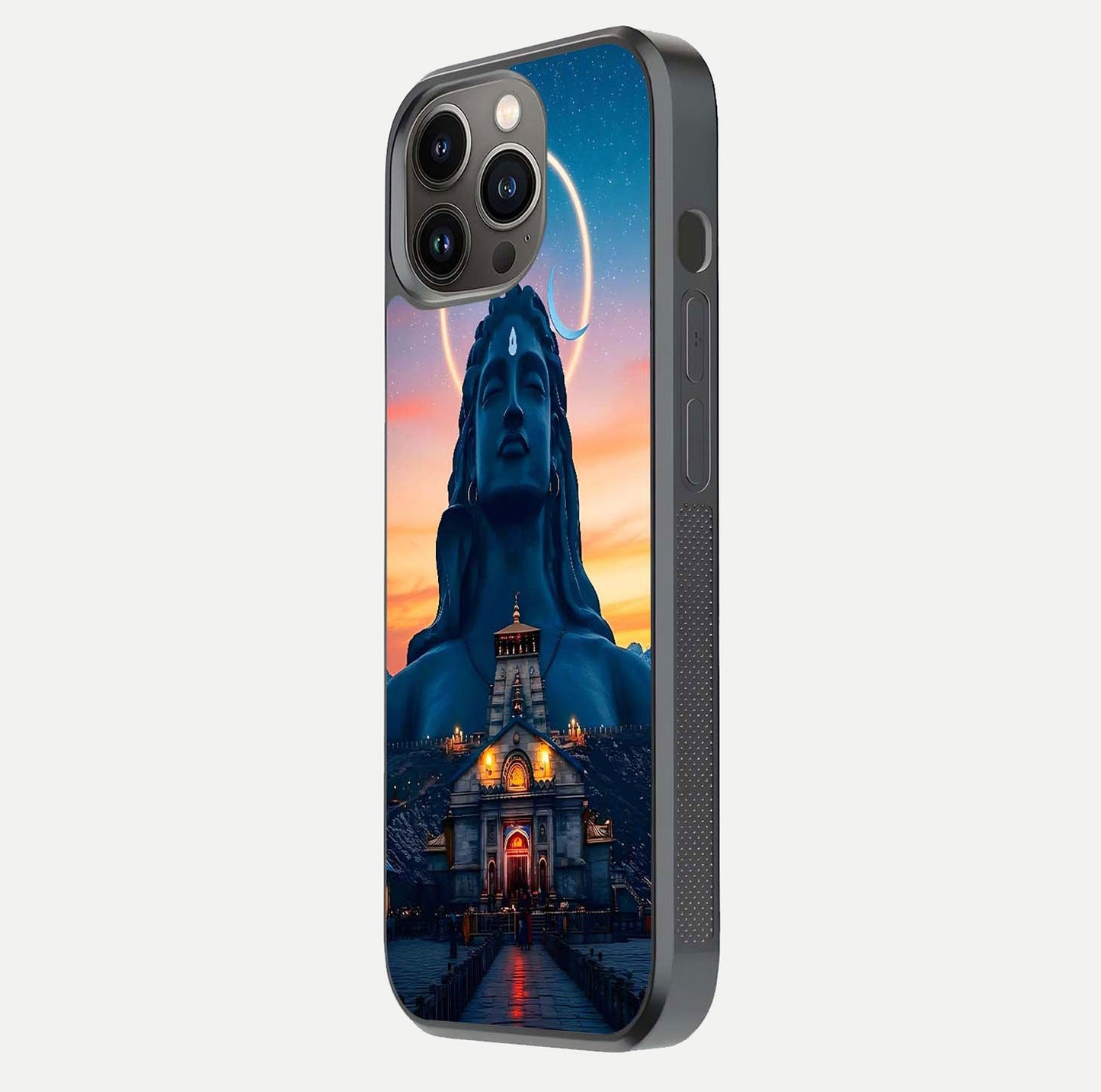 Eternal Shiva Aura Glass Case for iPhone 13 Pro side-angle image showing reflection clarity and rich tone