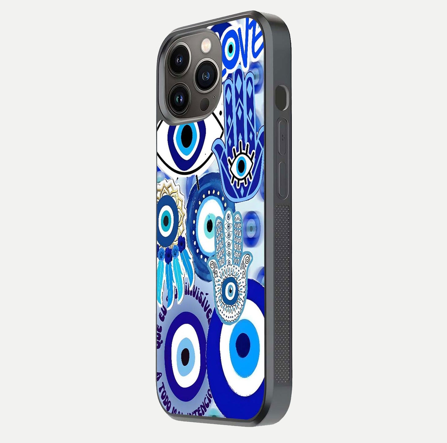 Evil Eyes Dream Glass Case for iPhone 13 Pro side-angle photo capturing smooth edges and reflective texture