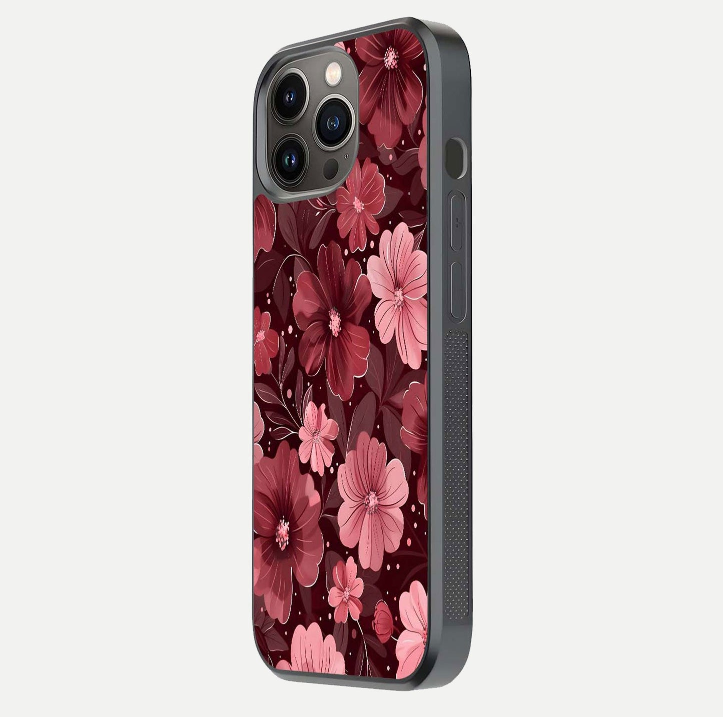 Flower Blush Bloom Glass Case for iPhone 13 Pro side-angle photo showing glass reflection and delicate hues