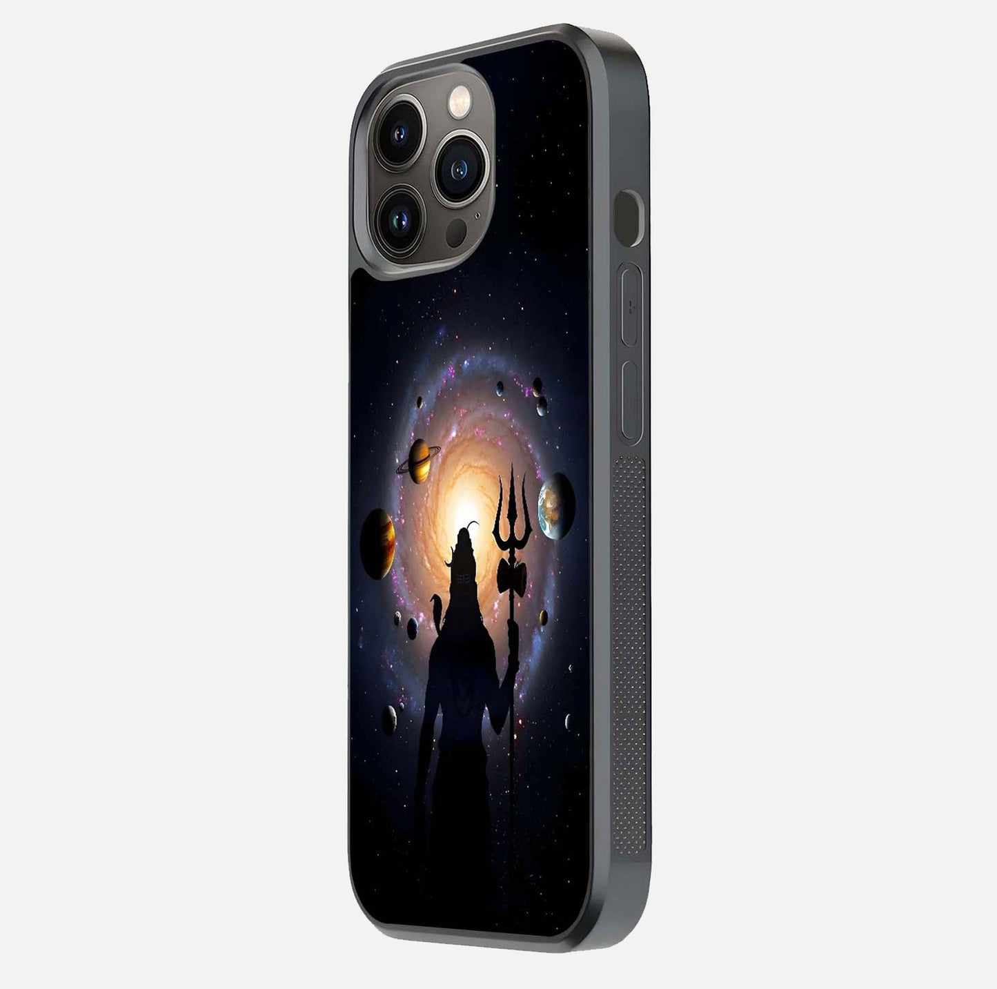Galactic Shiva Vision Glass Case for iPhone 13 Pro side-angle image showing light reflection, glass edges, and spiritual cosmic theme