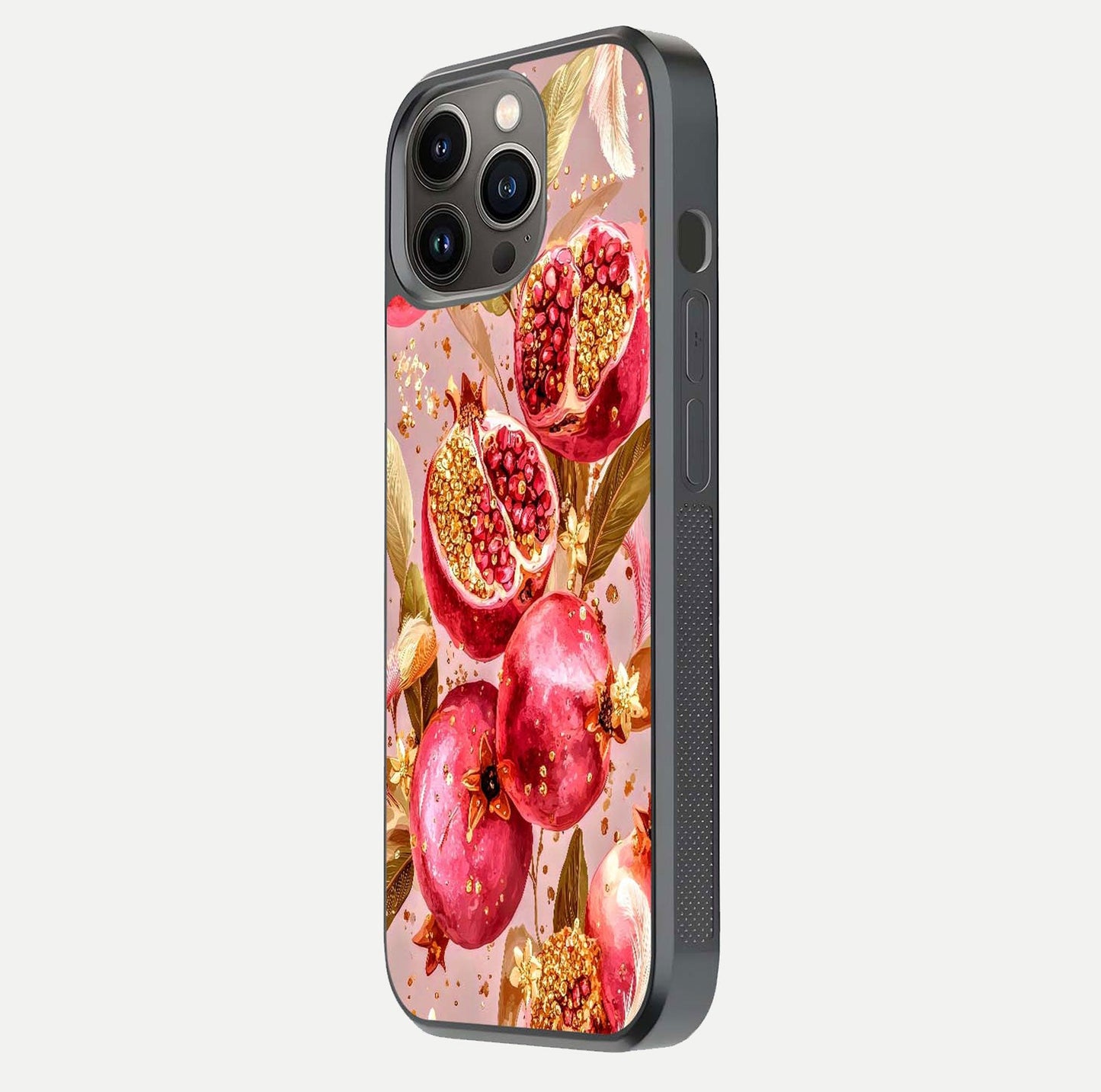 Golden Bloom Glow Glass Case for iPhone 13 Pro side-angle image showing light reflection, gloss texture, and rich tone
