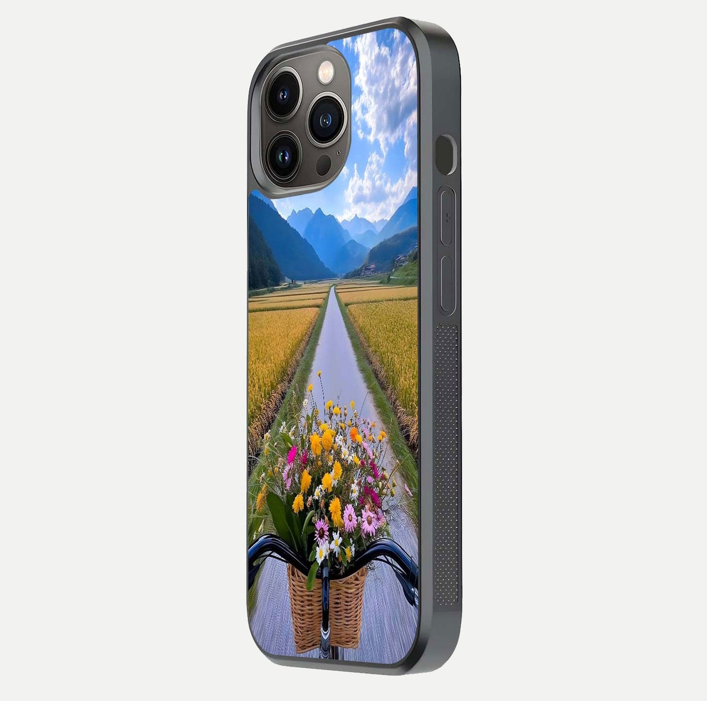 Golden Field Journey Glass Case for iPhone 13 Pro side-angle image showing golden glow, reflection shine, and curved edge