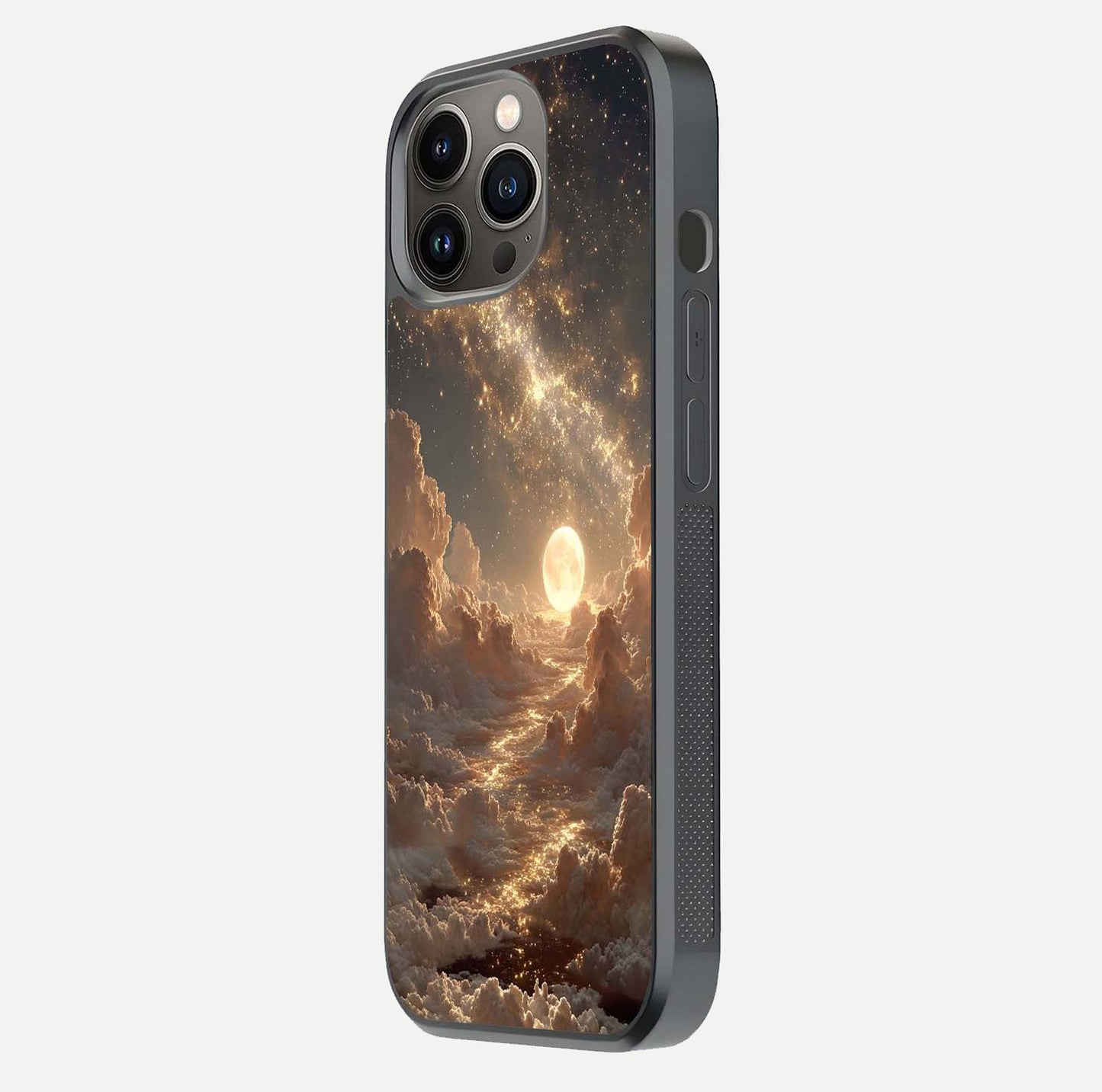 Golden Sky Dream Glass Case for iPhone 13 Pro side-angle image showing reflection shine and smooth surface