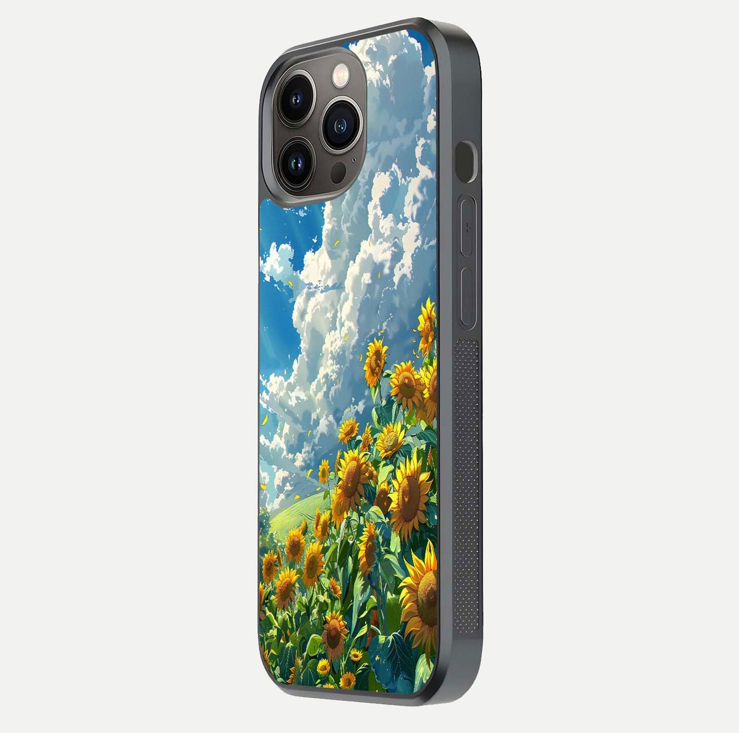 Golden Sun Glory Glass Case for iPhone 13 Pro side-angle image showing reflection glow and luminous texture