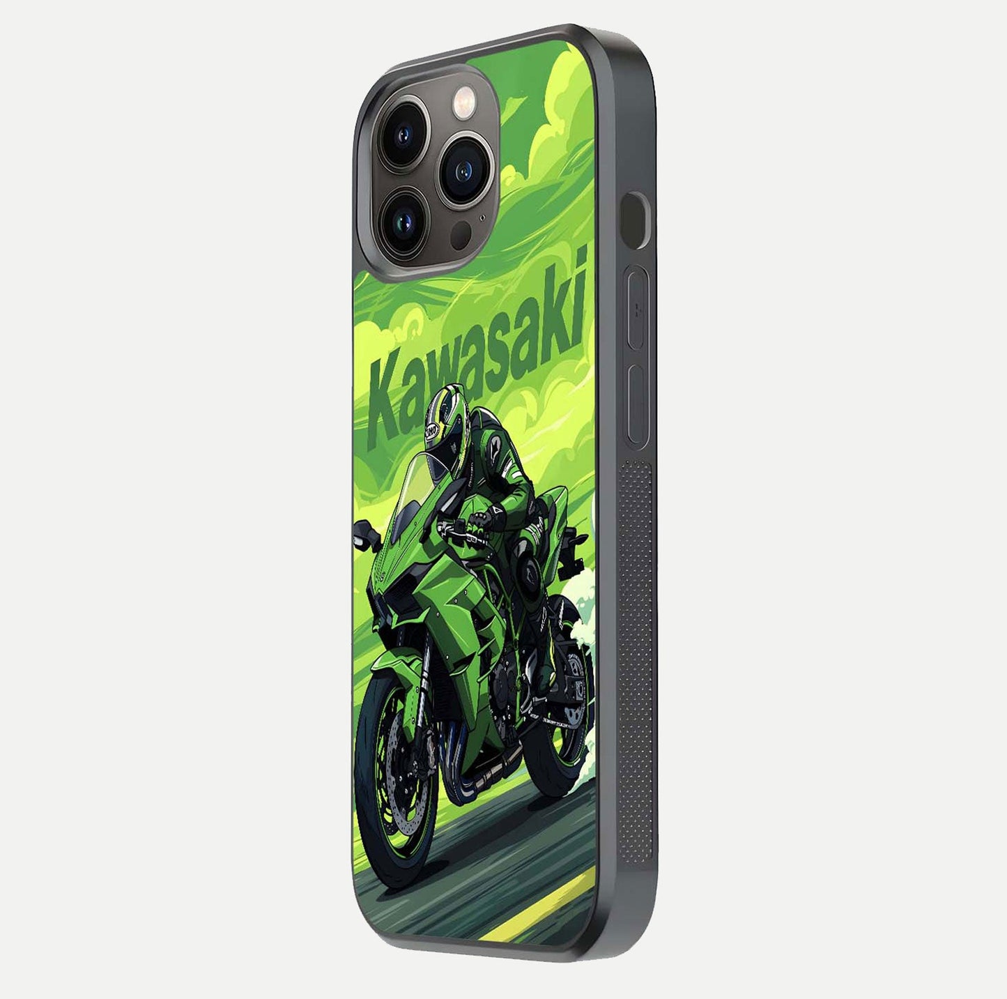 Green Kawasaki Glass Case for iPhone 13 Pro side-angle image showing reflection depth and metallic green accent
