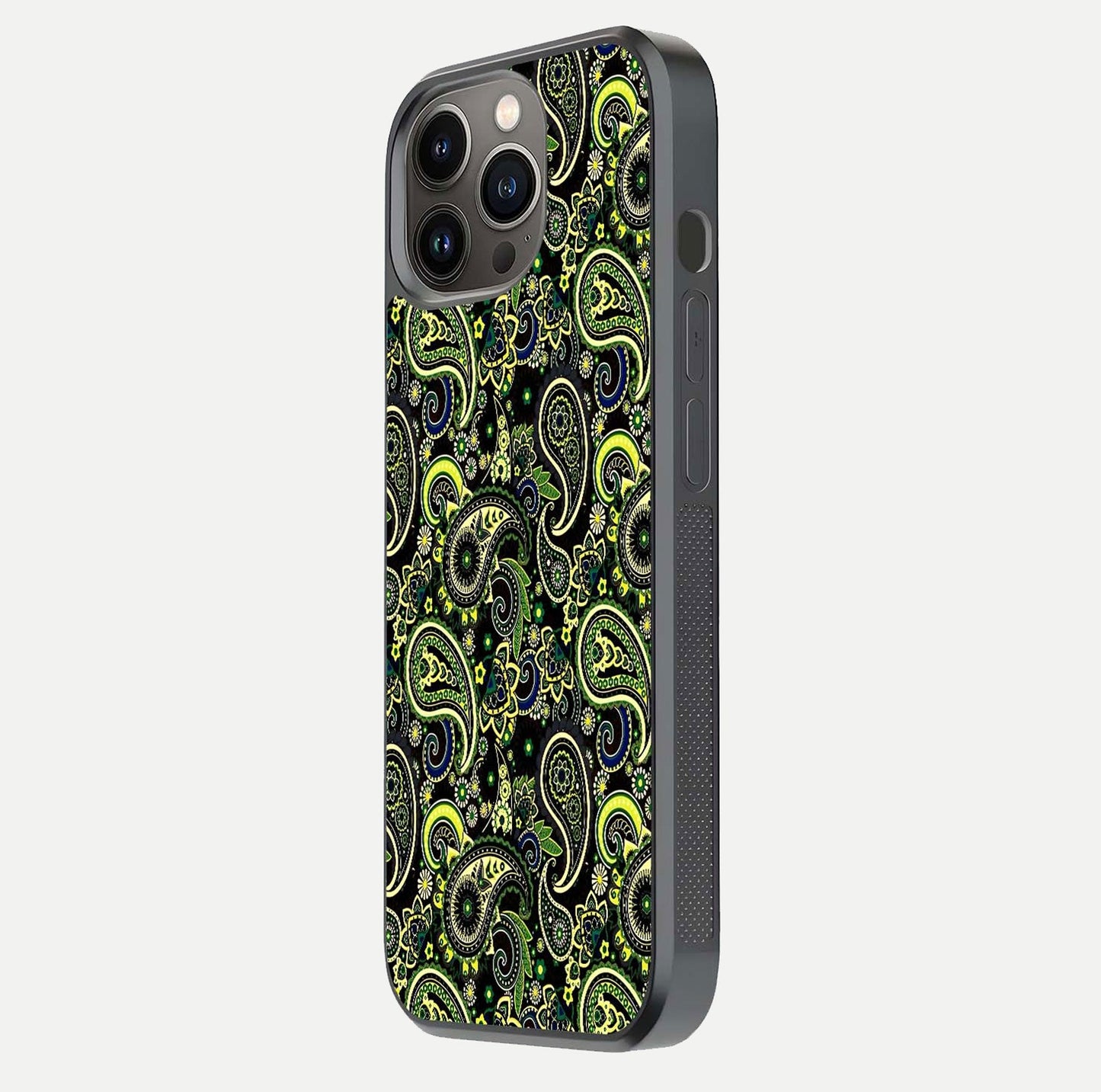 Green Mandala Pattern Glass Case for iPhone 13 Pro side-angle image showing reflection clarity and detailed pattern lines