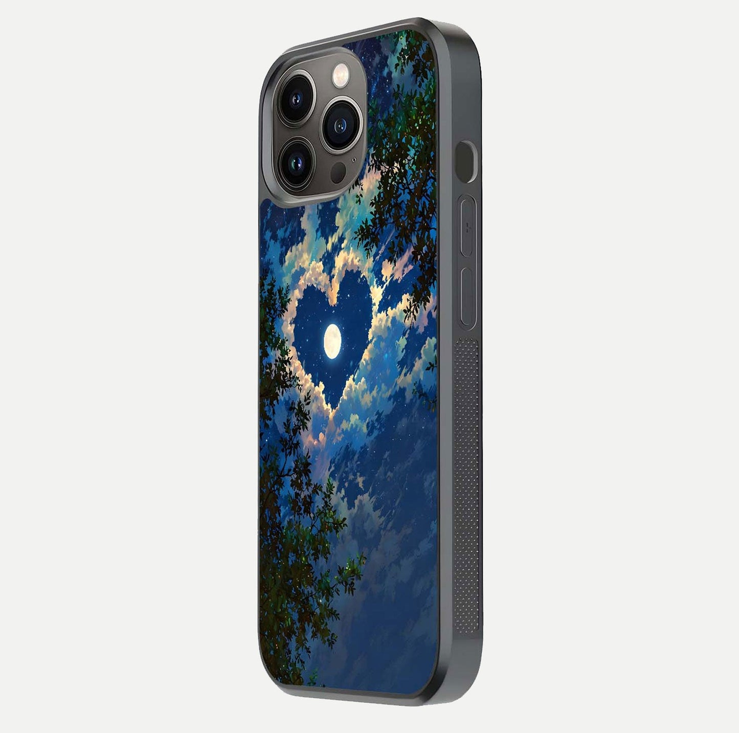 Heart with Moon Sky Glass Case for iPhone 13 Pro side-angle image showing reflection brightness and soft tone finish