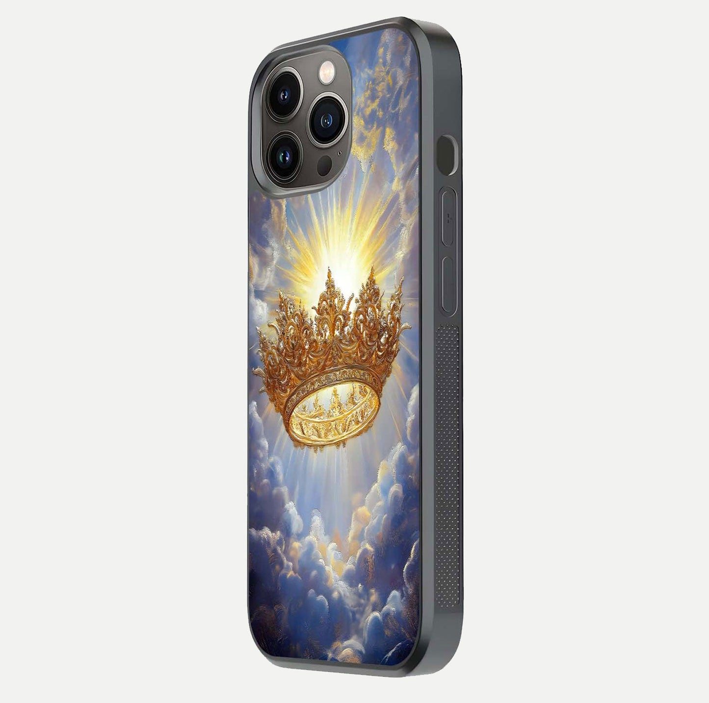 Heavenly Crown Light Glass Case for iPhone 13 Pro side-angle image showing reflection brilliance and elegant divine art