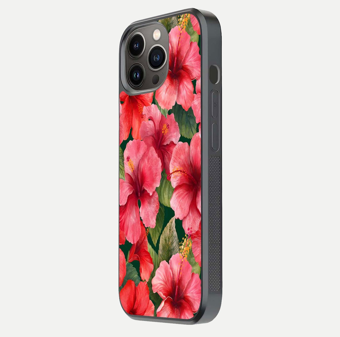 Hibiscus Pattern Glass Case for iPhone 13 Pro side-angle image showing reflection brightness and floral detailing
