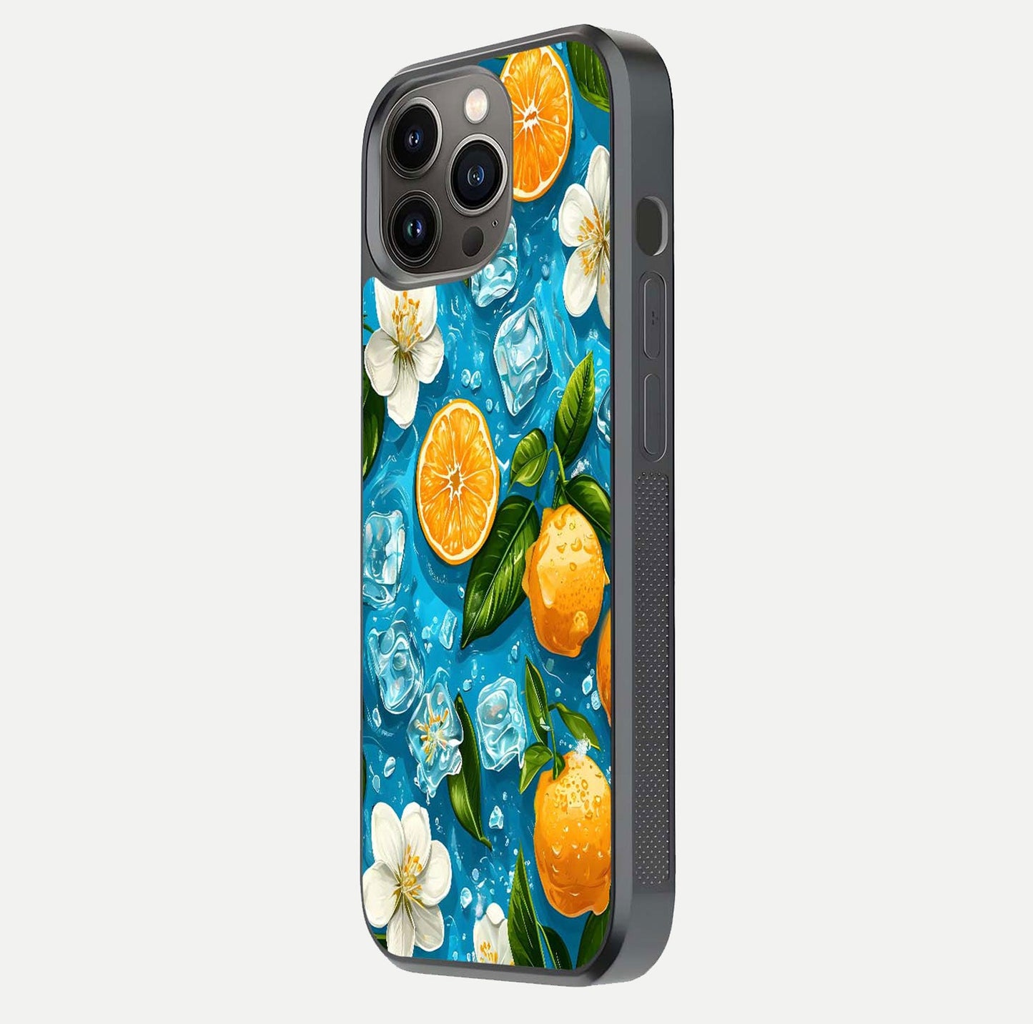 Ice Cube With Orange Glass Case for iPhone 13 Pro side-angle image showing reflection brightness and juicy pattern detail