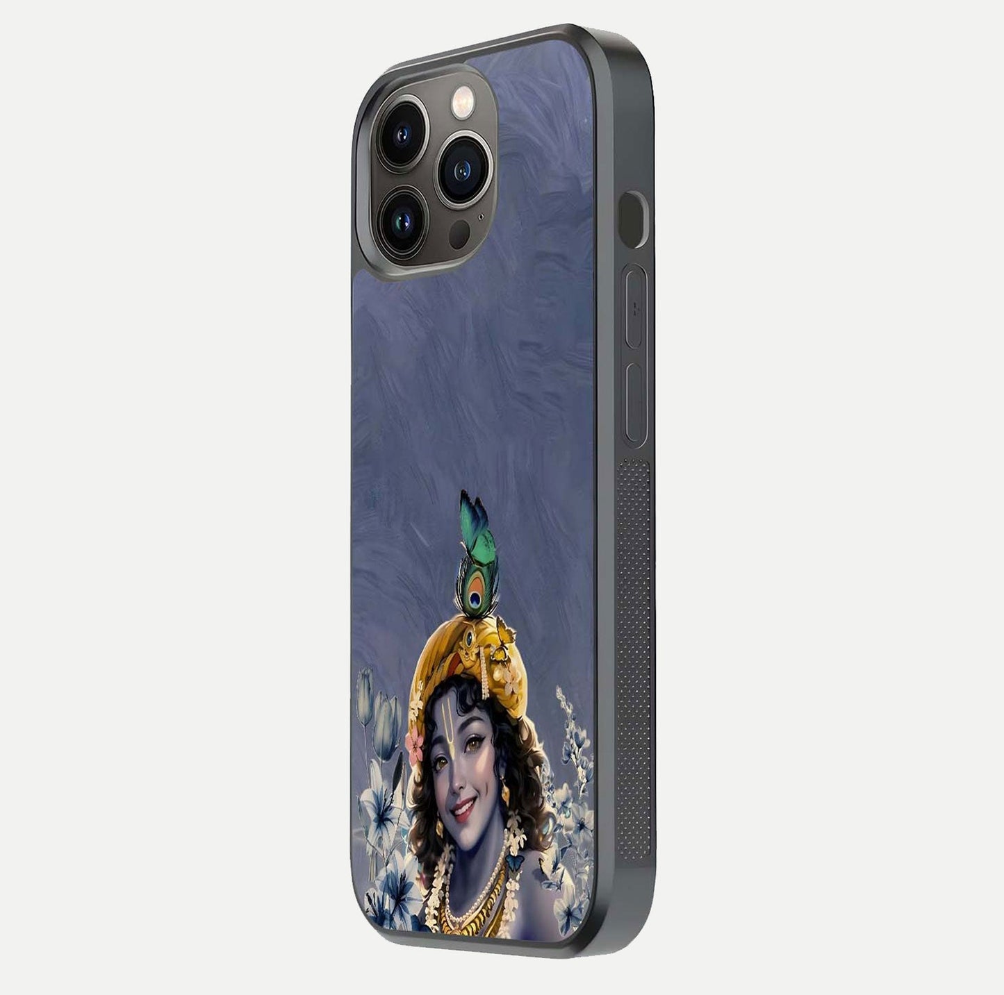 Lord Krishna Glass Case for iPhone 13 Pro side-angle image emphasizing premium reflection and sacred motif