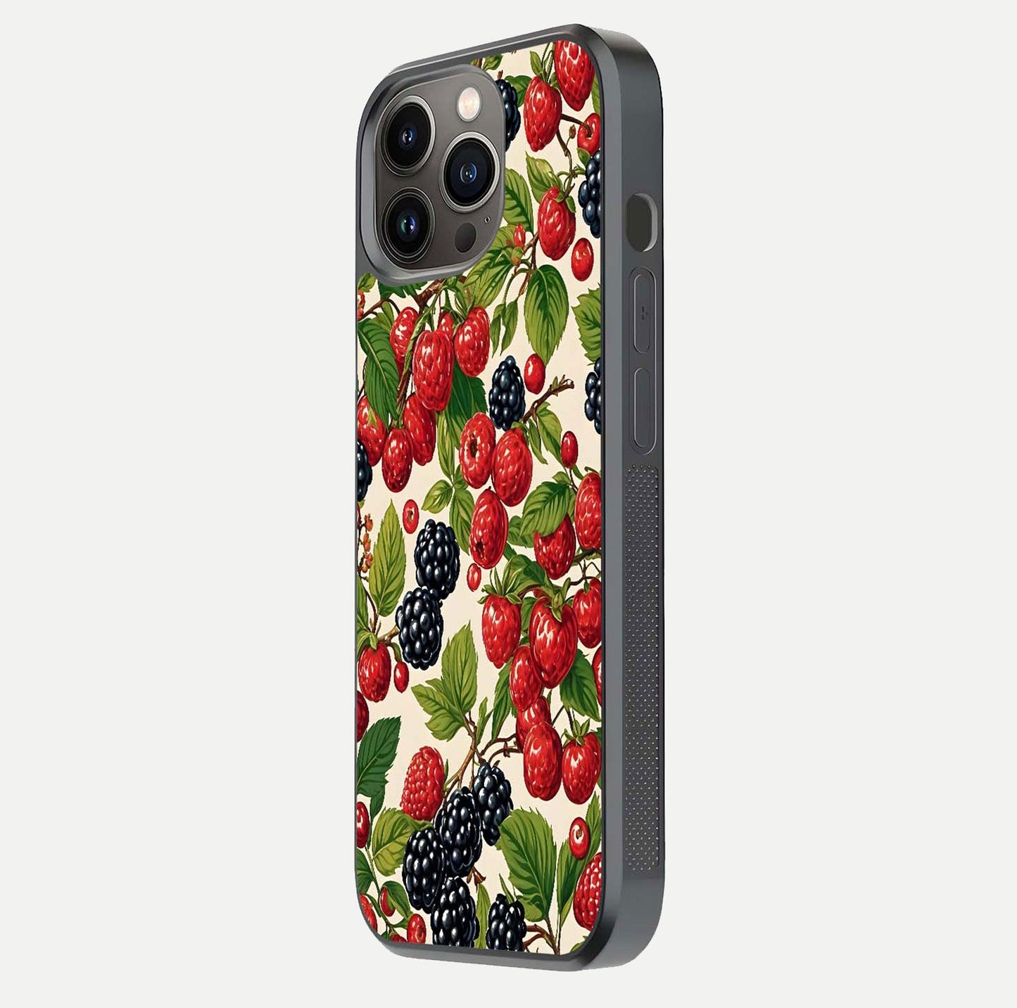 Mixed Berry Collage Glass Case for iPhone 13 Pro side-angle image showing reflection and HD fruit texture