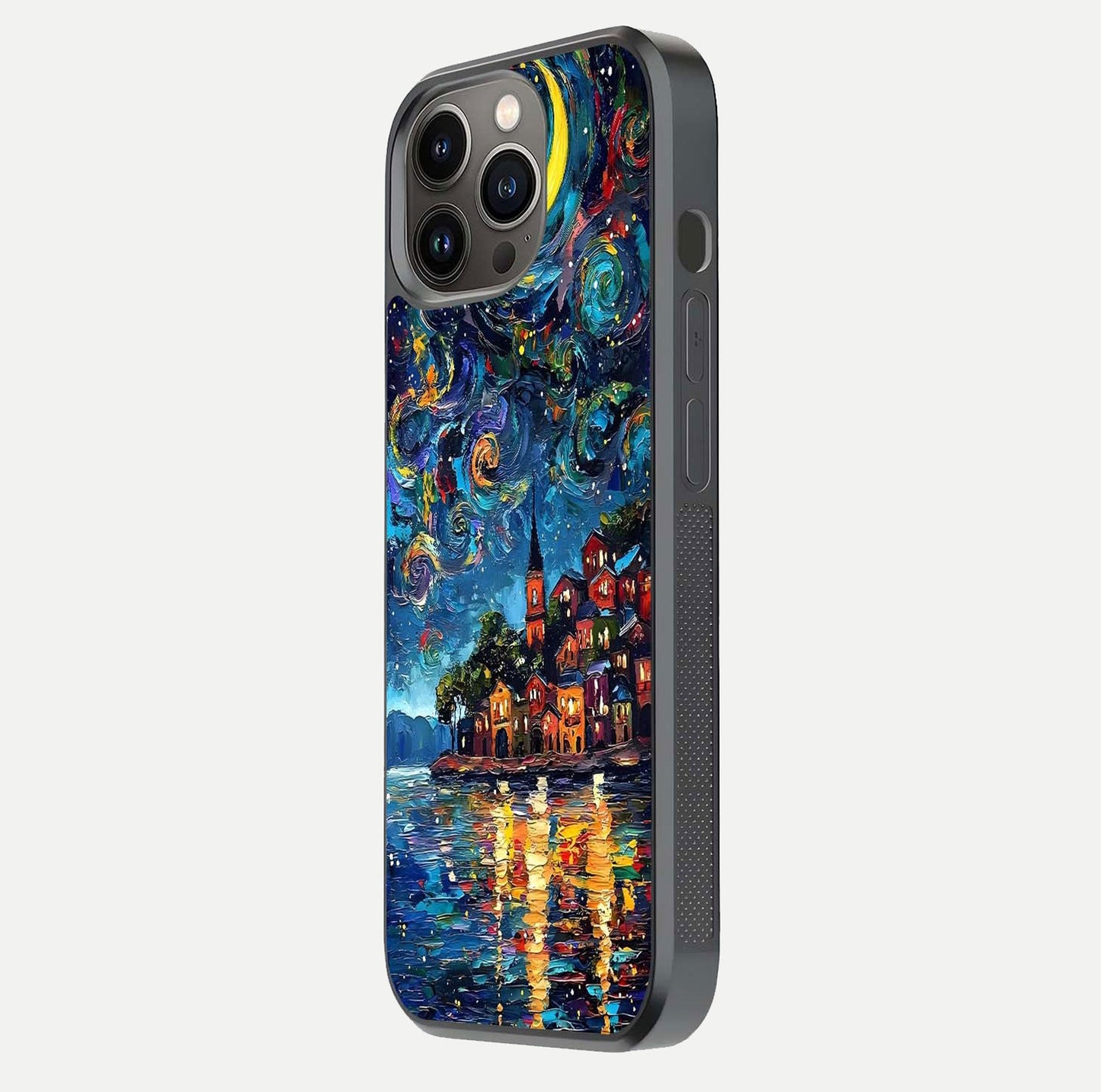 Moonlight Harbor Glow Glass Case for iPhone 13 Pro side-angle image showing reflective surface and ocean tones