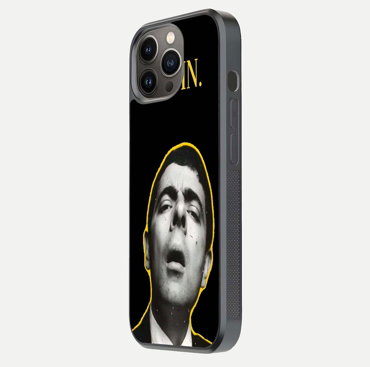 Mr Bean Damn Glass Case for iPhone 13 Pro side-angle image emphasizing HD print clarity and playful theme