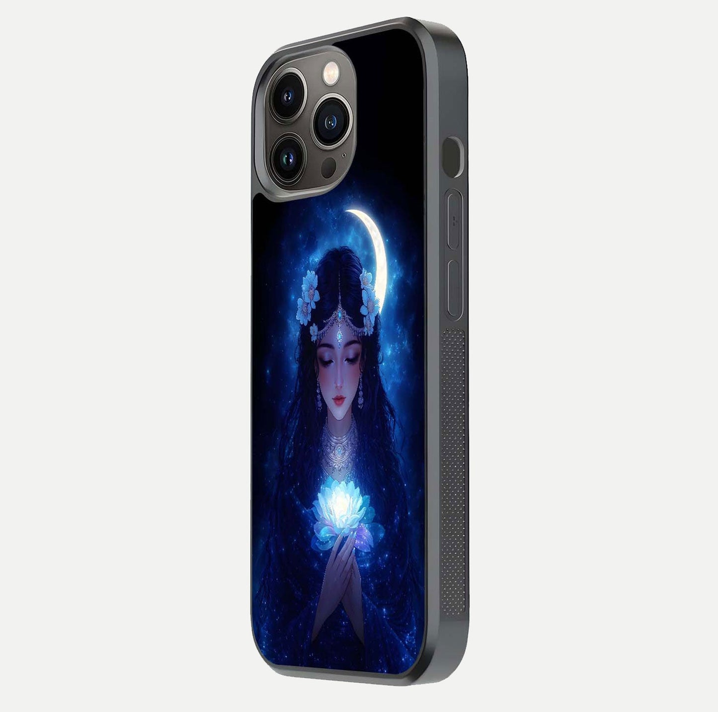 Mystic Moon Queen Glass Case for iPhone 13 Pro side-angle image showing reflection and celestial details
