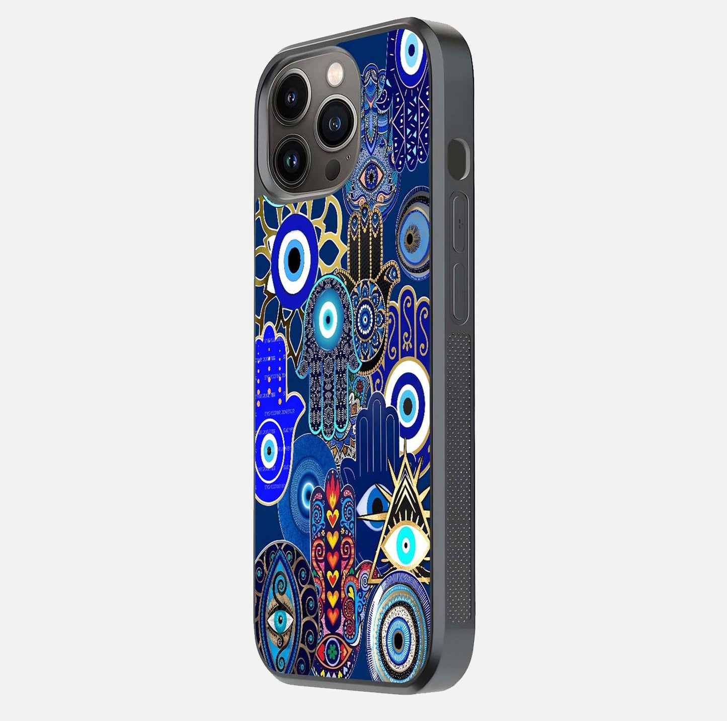 Mystic Palm Guard Glass Case for iPhone 13 Pro side-angle image showing shine depth and sacred motif