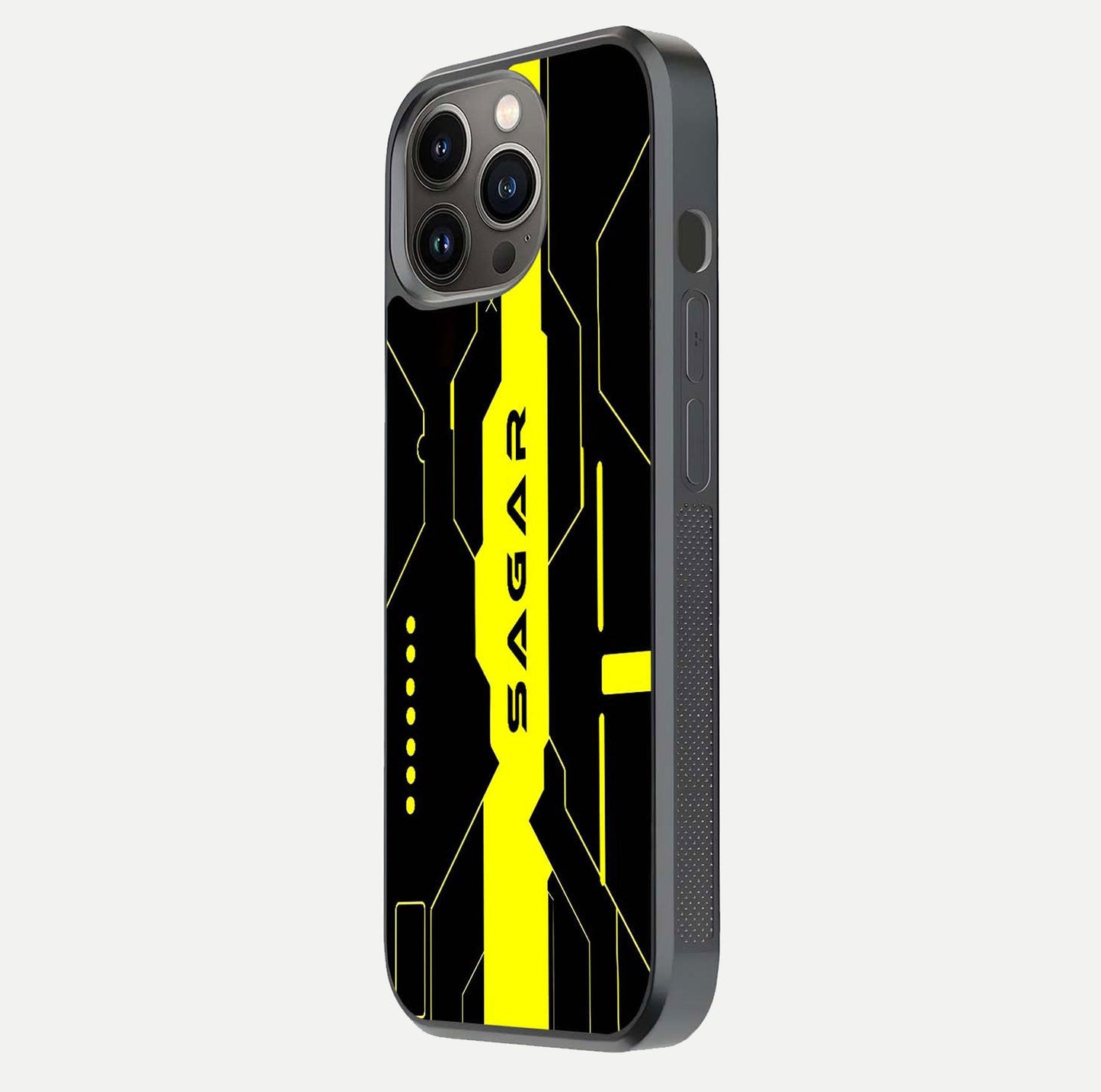 Neon CYBERPUNK Custom Name Glass Case for iPhone 13 Pro side-angle image showing glow depth and bold print