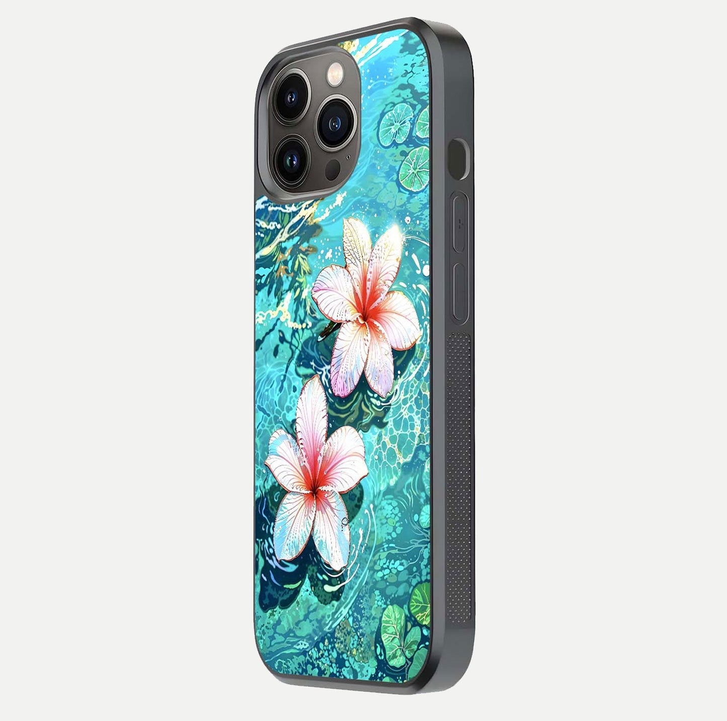Pink Flowers in Water Glass Case for iPhone 13 Pro side-angle image showing reflection and depth of detail