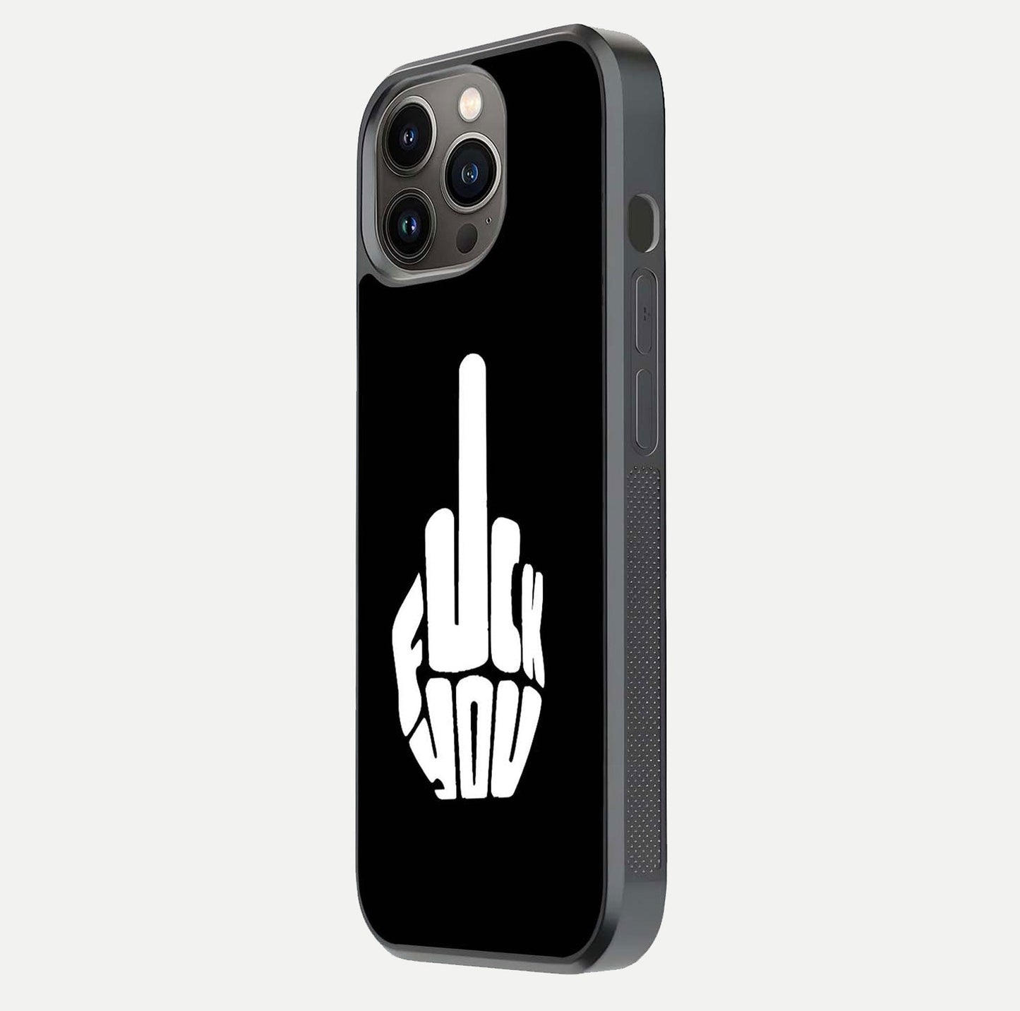 Rebel Mode On Glass Case for iPhone 13 Pro side-angle image showing reflection, edge detail, and text clarity