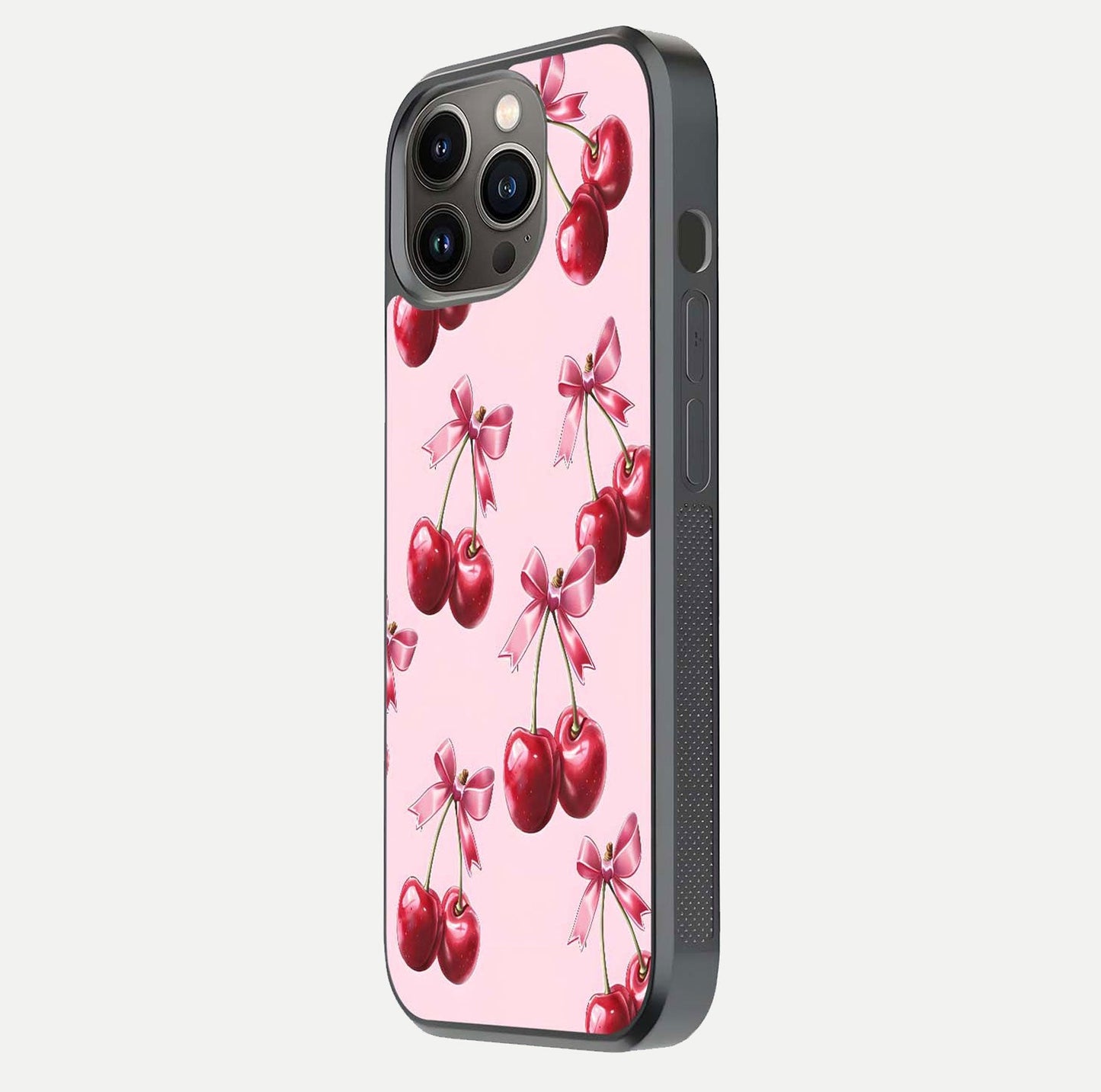 Red Cherries Pattern Glass Case for iPhone 13 Pro side-angle image showing gloss surface and cherry details