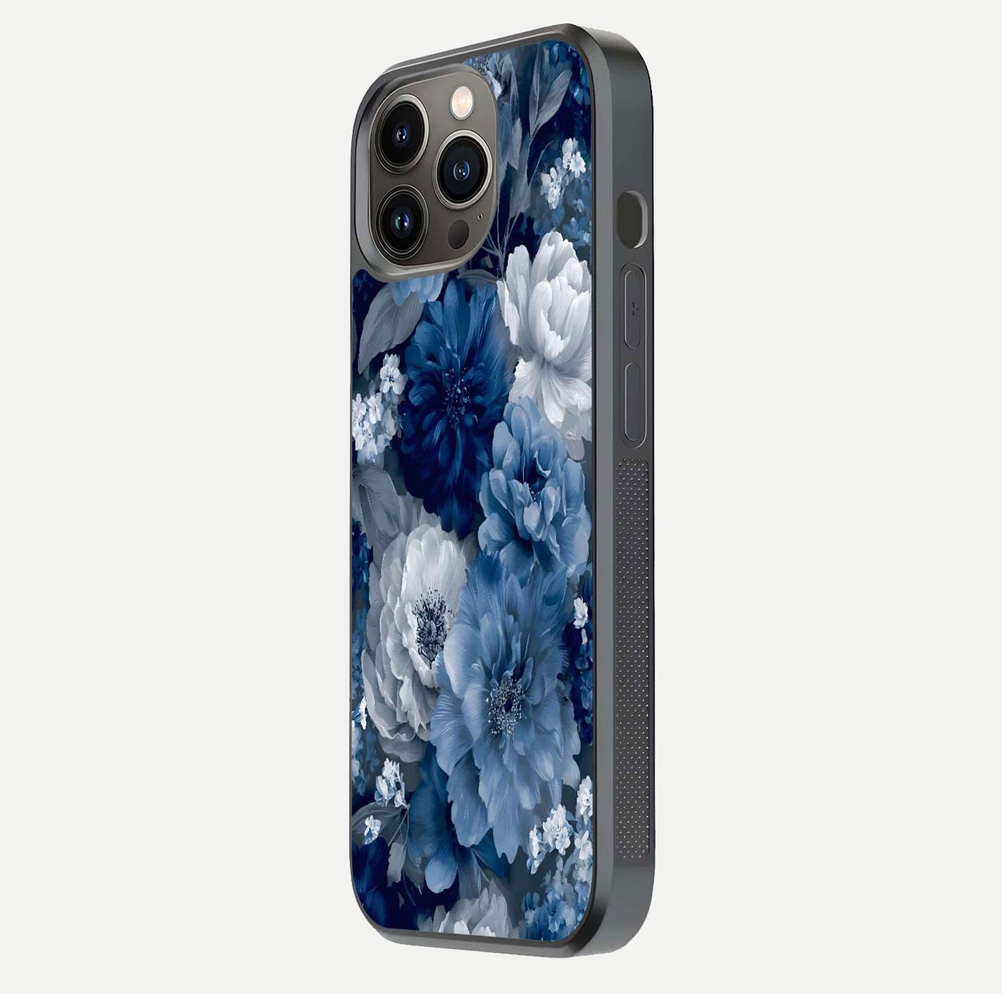Royal Bloom Garden Glass Case for iPhone 13 Pro side-angle image showing floral pattern, edges, and reflection