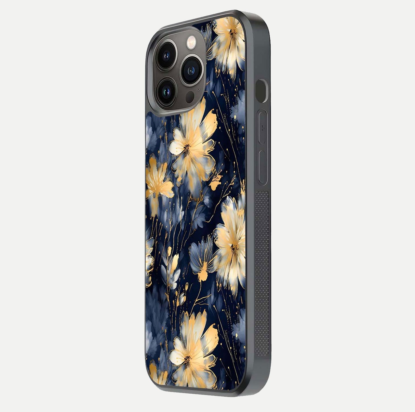 Royal Petal Dream Glass Case for iPhone 13 Pro side-angle image showing smooth edges and royal bloom details