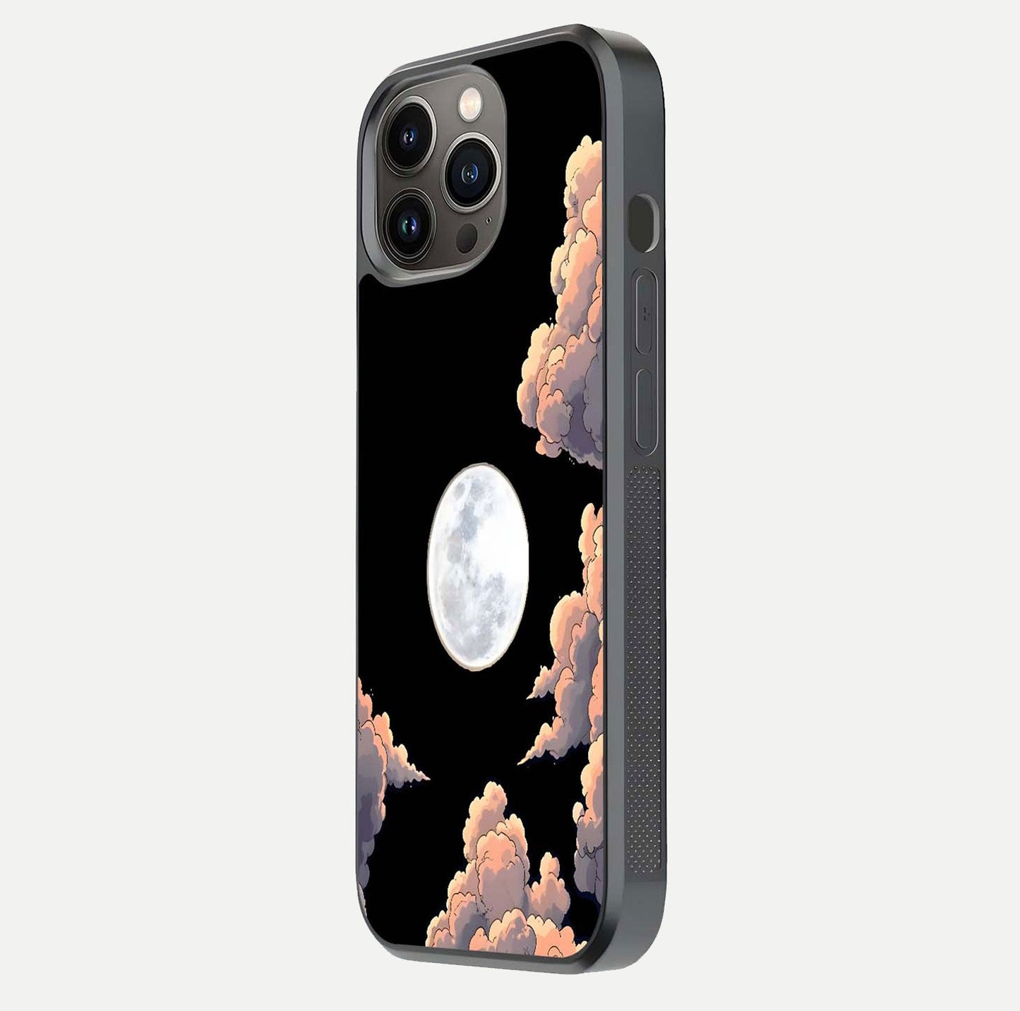 Shade Cloud Moon Glass Case for iPhone 13 Pro side-angle image showing reflection and night-sky detail