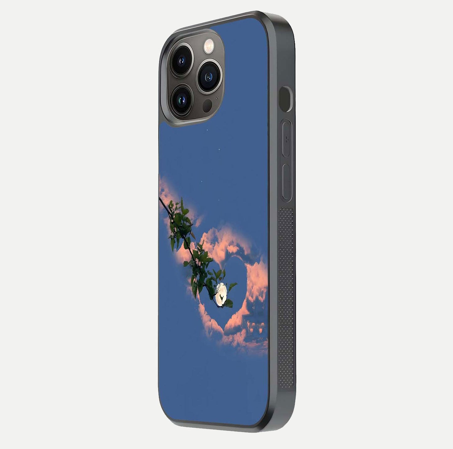 Sky Under Tree Glass Case for iPhone 13 Pro side-angle image showing shine, edge texture, and scenic detail