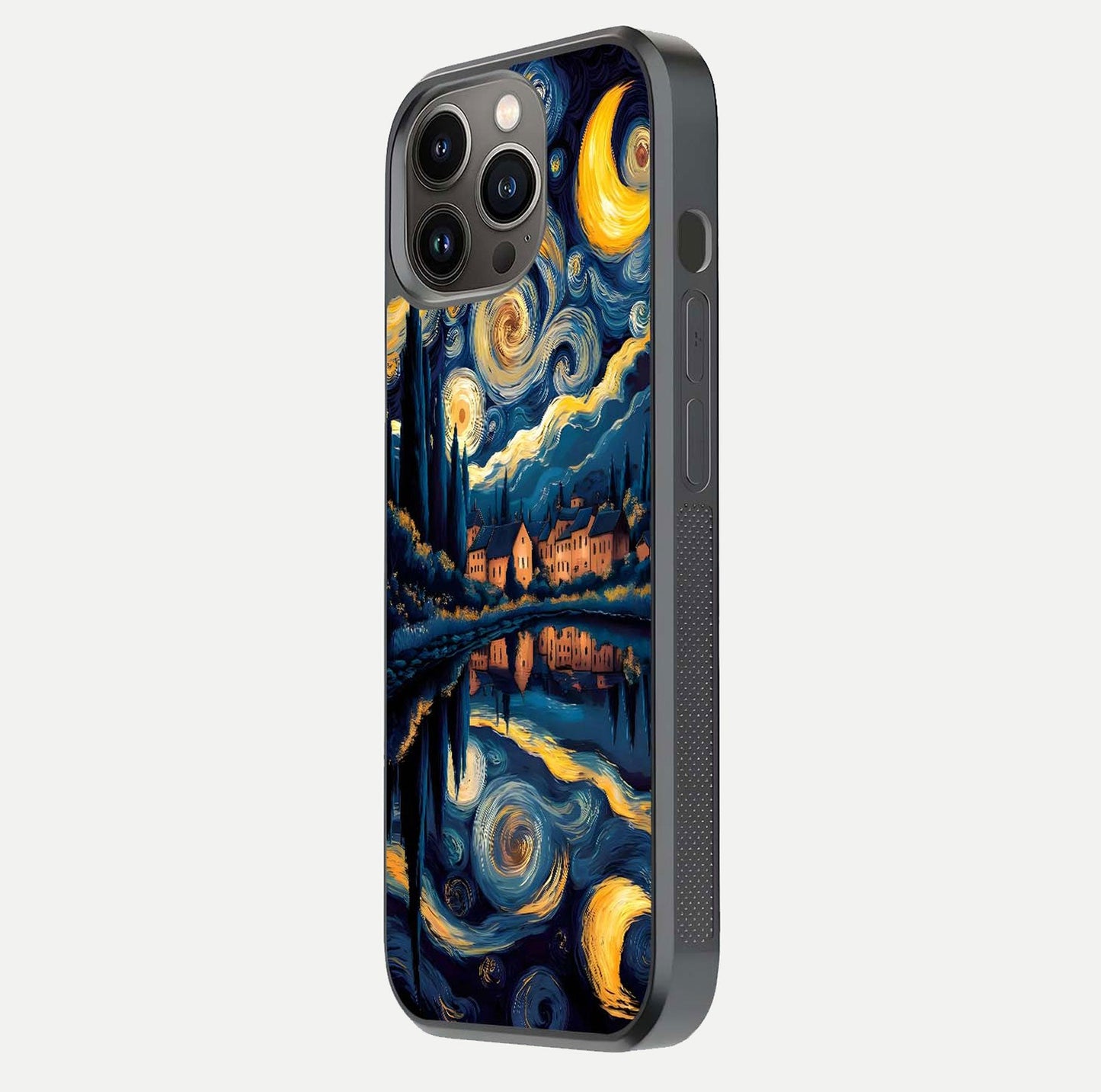 Starry Sky Serenity Glass Case for iPhone 13 Pro side-angle image showing reflection and night-sky detail