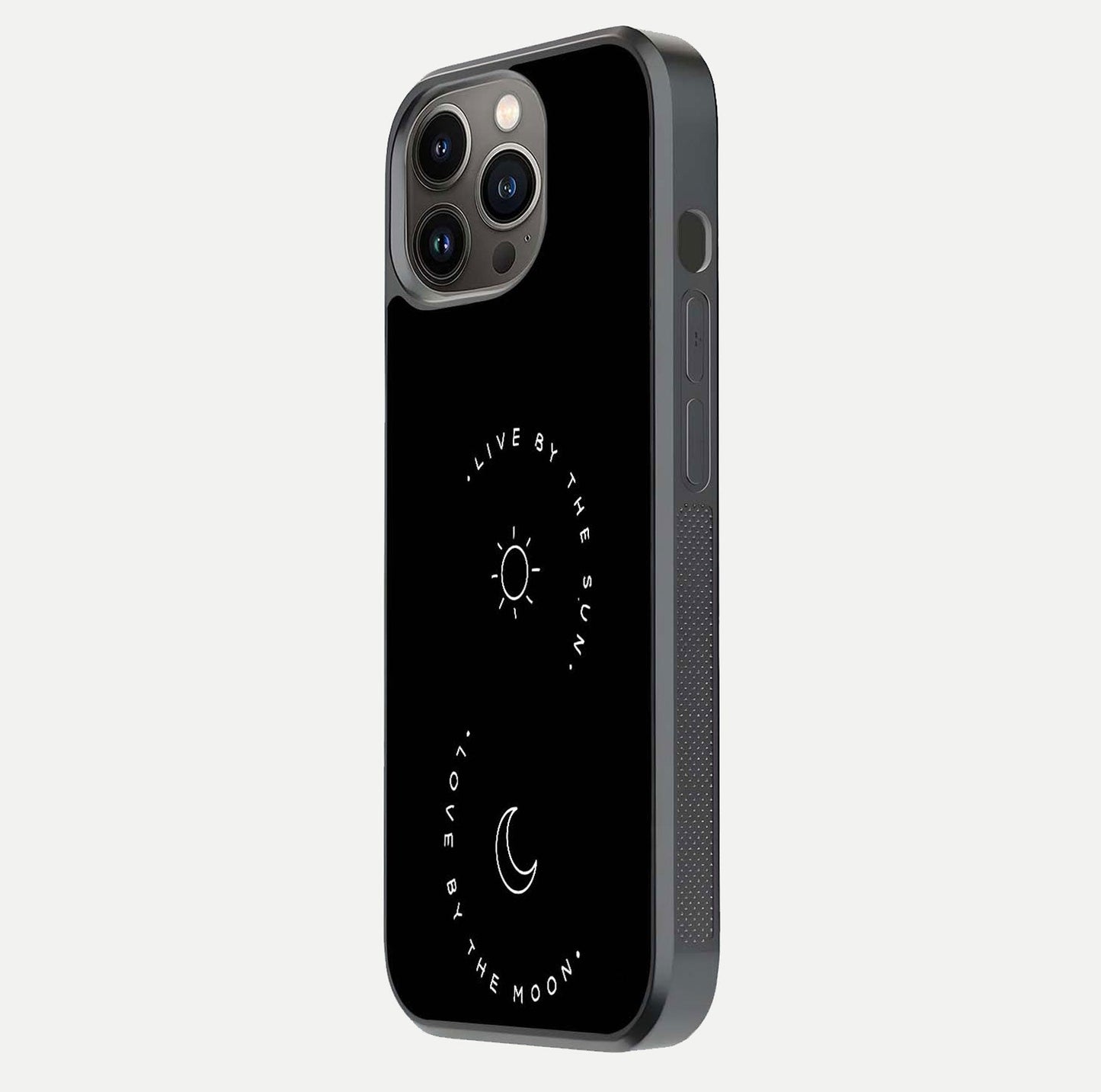 Sun Moon Balance Glass Case for iPhone 13 Pro side-angle image showing reflection and celestial detailing