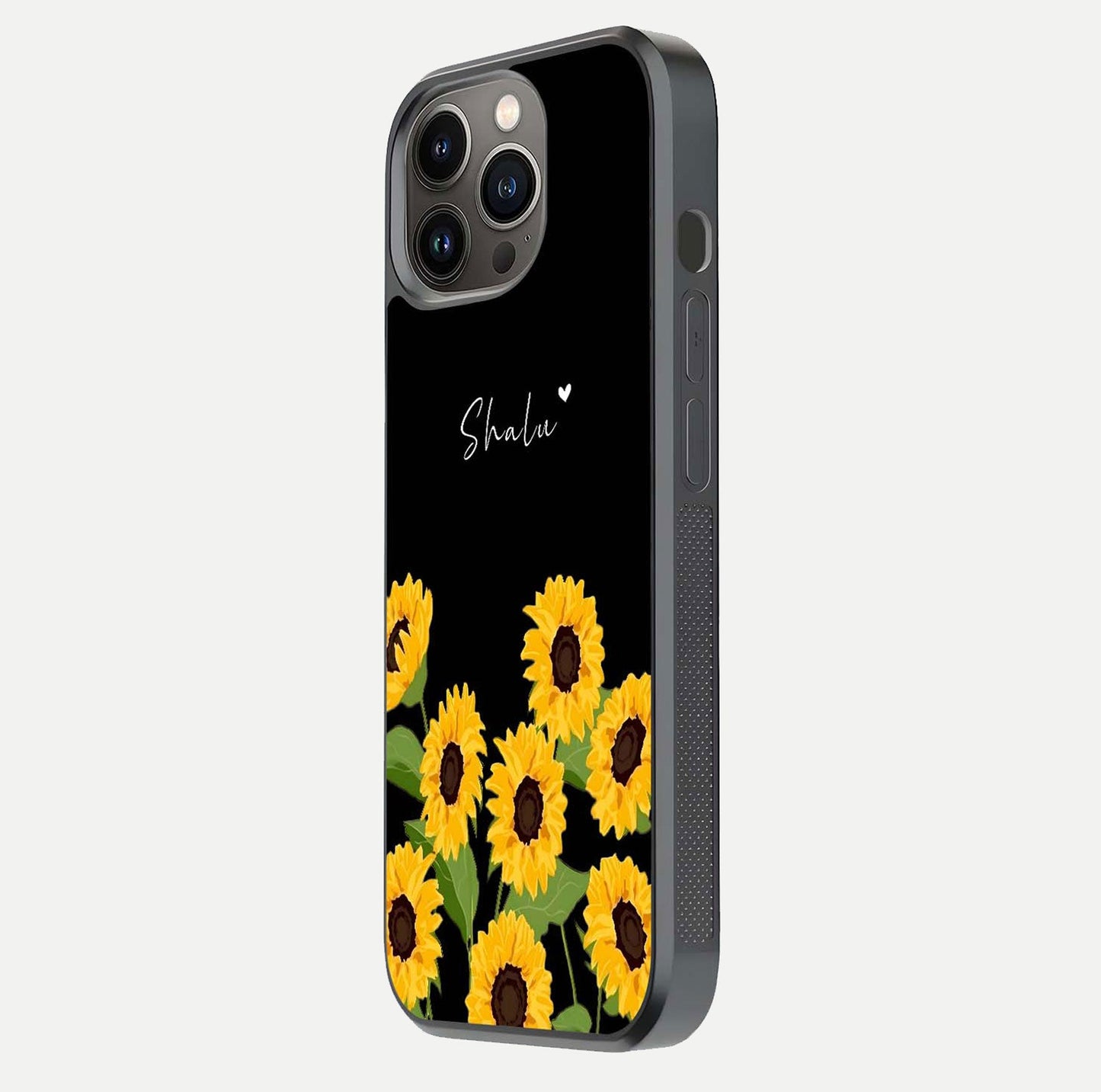 Sunflower Chic Mood Custom Name Glass Case for iPhone 16 Pro side-angle image showing reflection and yellow floral tone