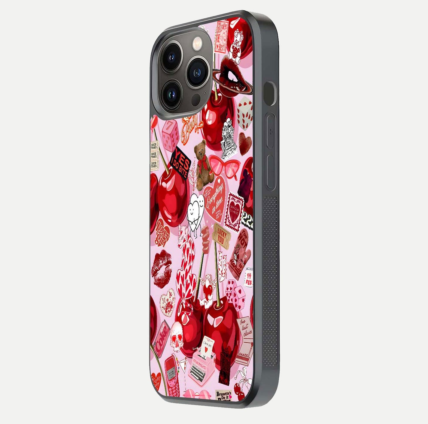 Sweet Cherry Chaos Glass Case for iPhone 13 Pro side-angle image showing shine, gloss, and cherry details