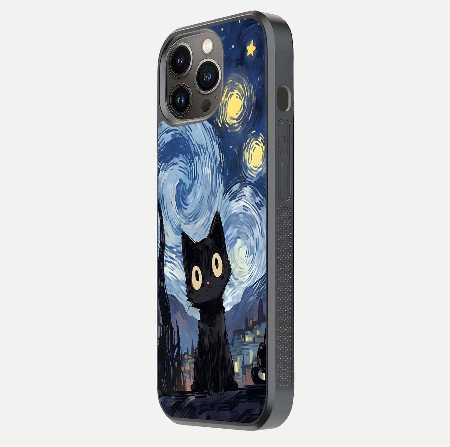 Van Gogh Cat Glass Case for iPhone 13 Pro side-angle image showing light reflection and vivid artwork