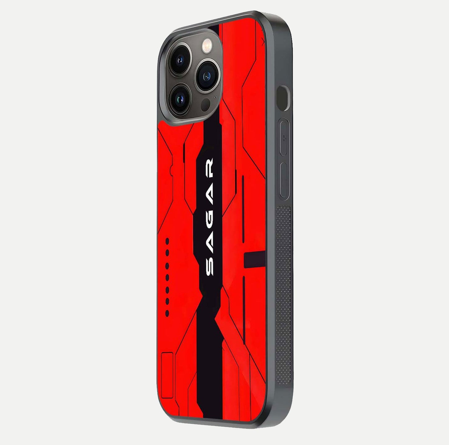 Voltage Rise CYBERPUNK Custom Name Glass Case for iPhone 13 Pro side-angle image showing gloss and cyberpunk detail