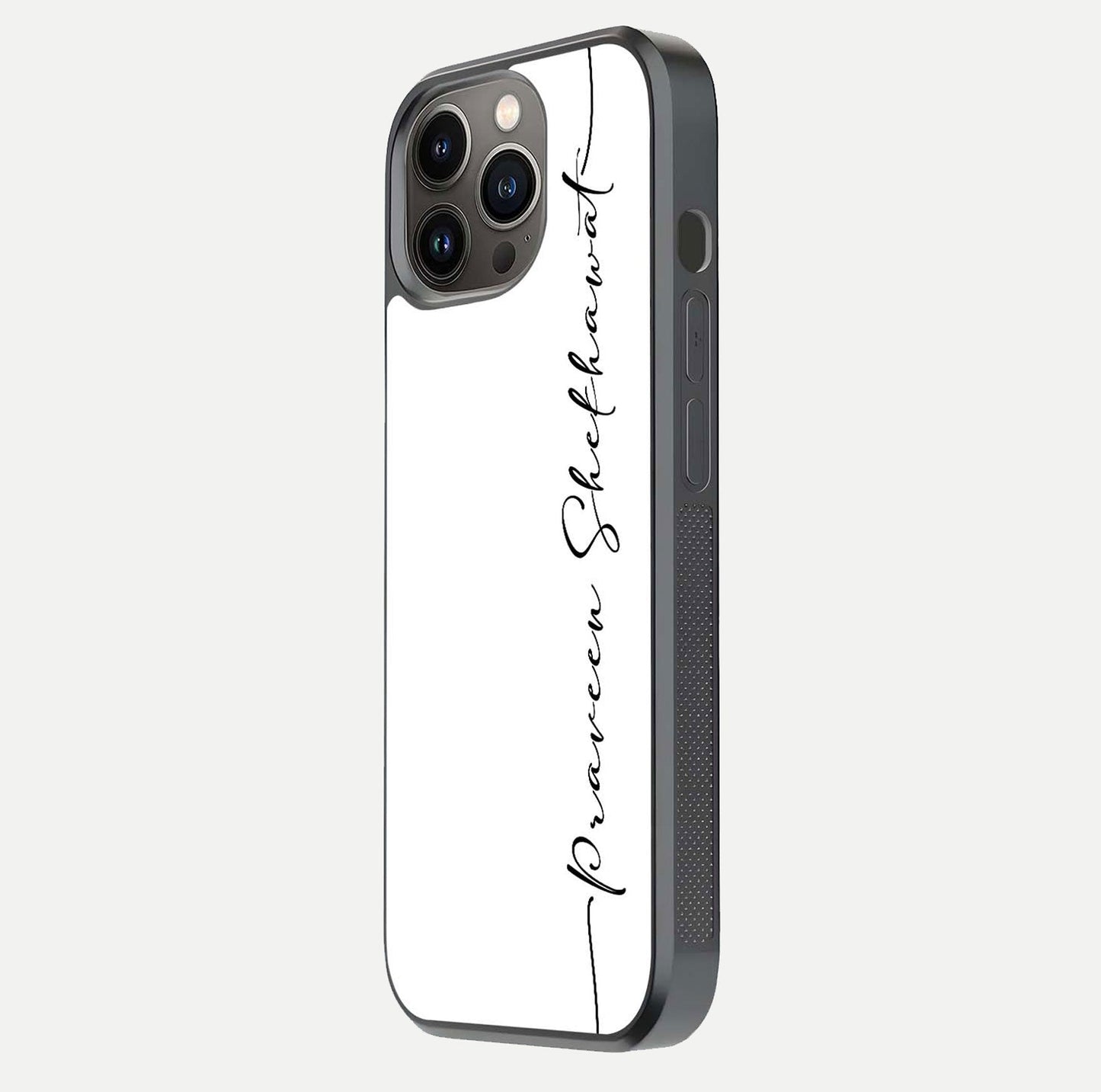 White Tune Custom Name Glass Case for iPhone 13 Pro side-angle image showing shine, gloss, and minimal tone