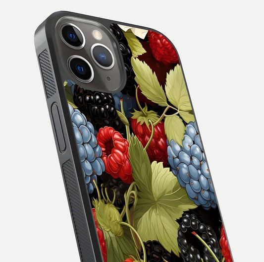 Berry Bloom Charm Glass Case for iPhone 13 Pro close-up view highlighting berry color tones and fine petal detailing