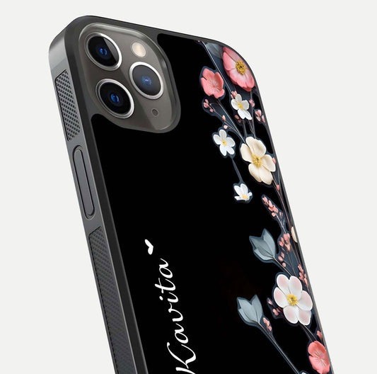 Black Elegance Floral Custom Name Glass Case for iPhone 13 Pro close-up shot showing rose detailing and elegant reflection