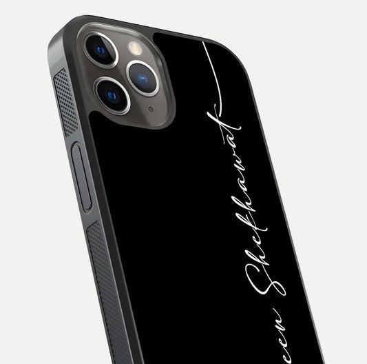 Black Tune Custom Name Glass Case for iPhone 13 Pro close-up shot highlighting sleek monochrome design and reflection